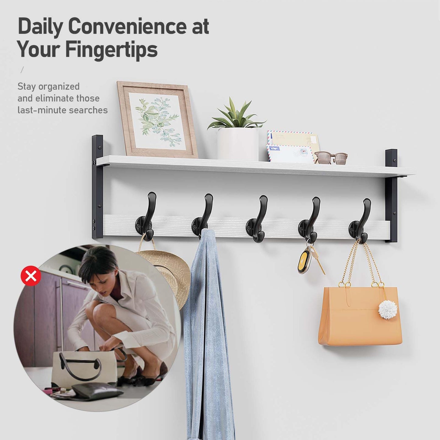 Tatub 29" Coat Rack Wall Mount with Shelf, Entryway Wall Hooks with Shelf, Coat Hangers for Bathroom, Living Room, Bedroom, Rustic White