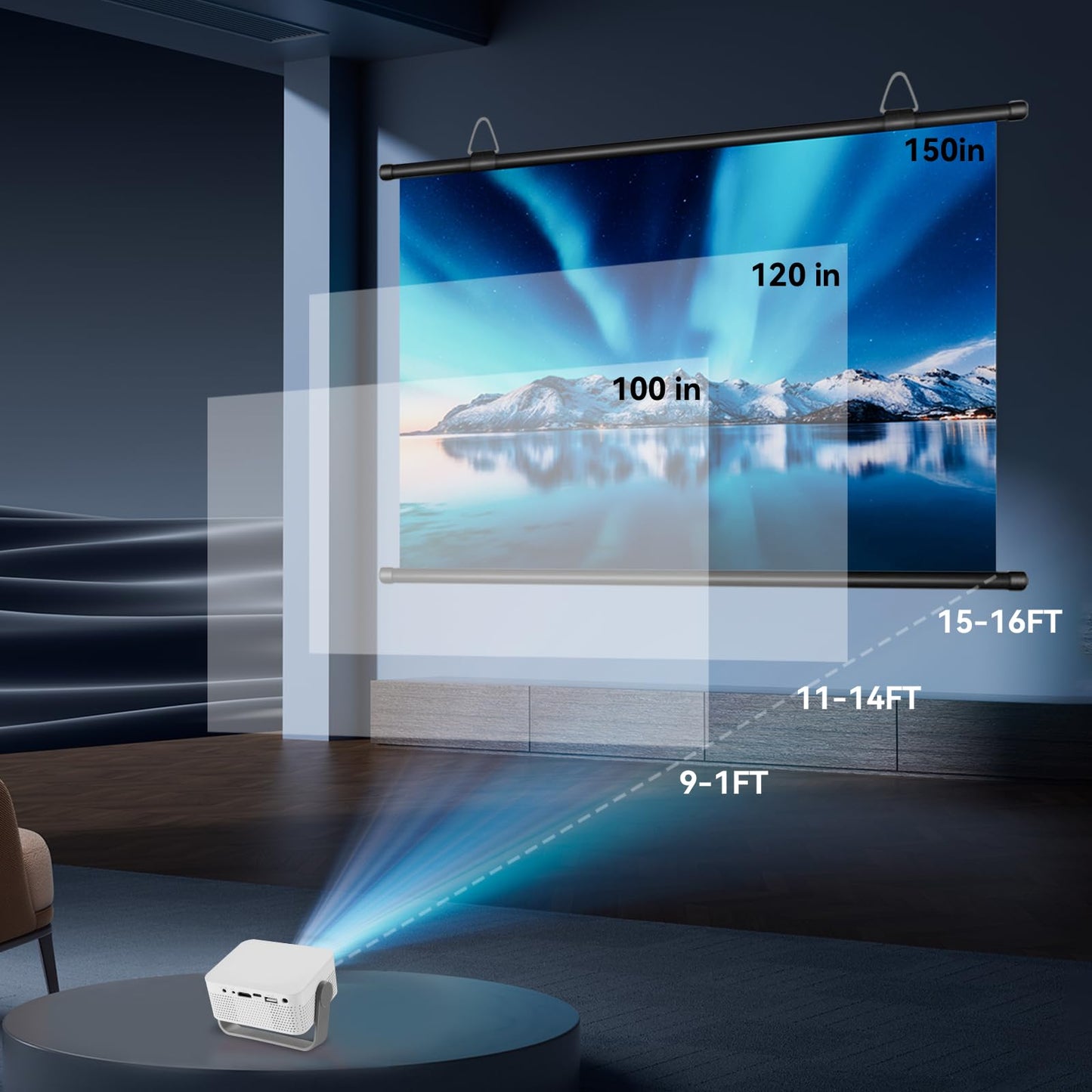 100-Inch Portable Projector Screen, XIAOHUI 16:9 Aspect Ratio, Non-Perforated Anti-Light, Easy Install,100% Polyester Professional Projector Screen Pull Down