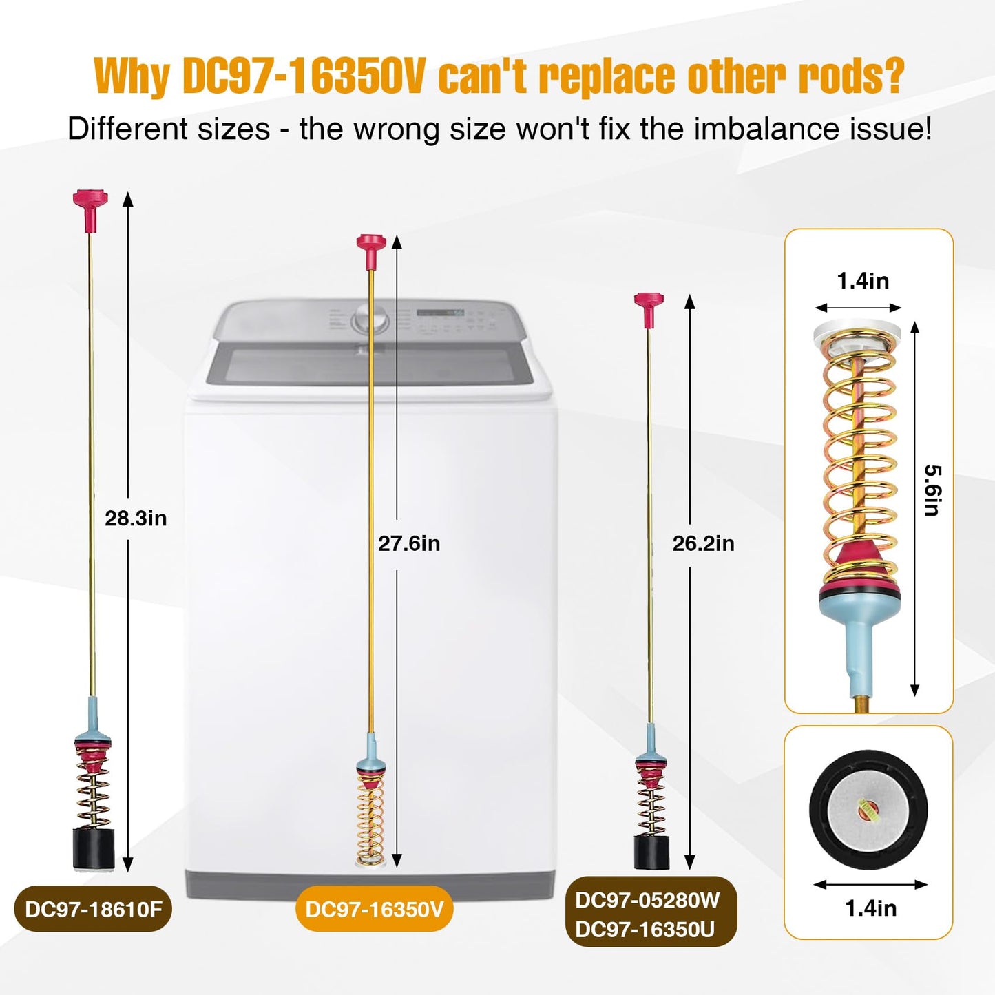 DC97-16350V Washer Suspension Rods(27.6in) for samsung Washer, Replacement for samsung Washer WA54R7200AW/US WA54R7600AC/US WA54R7200AV/US Suspension Rods, WA54R7600AV/US WA54R7600AW/US Rods