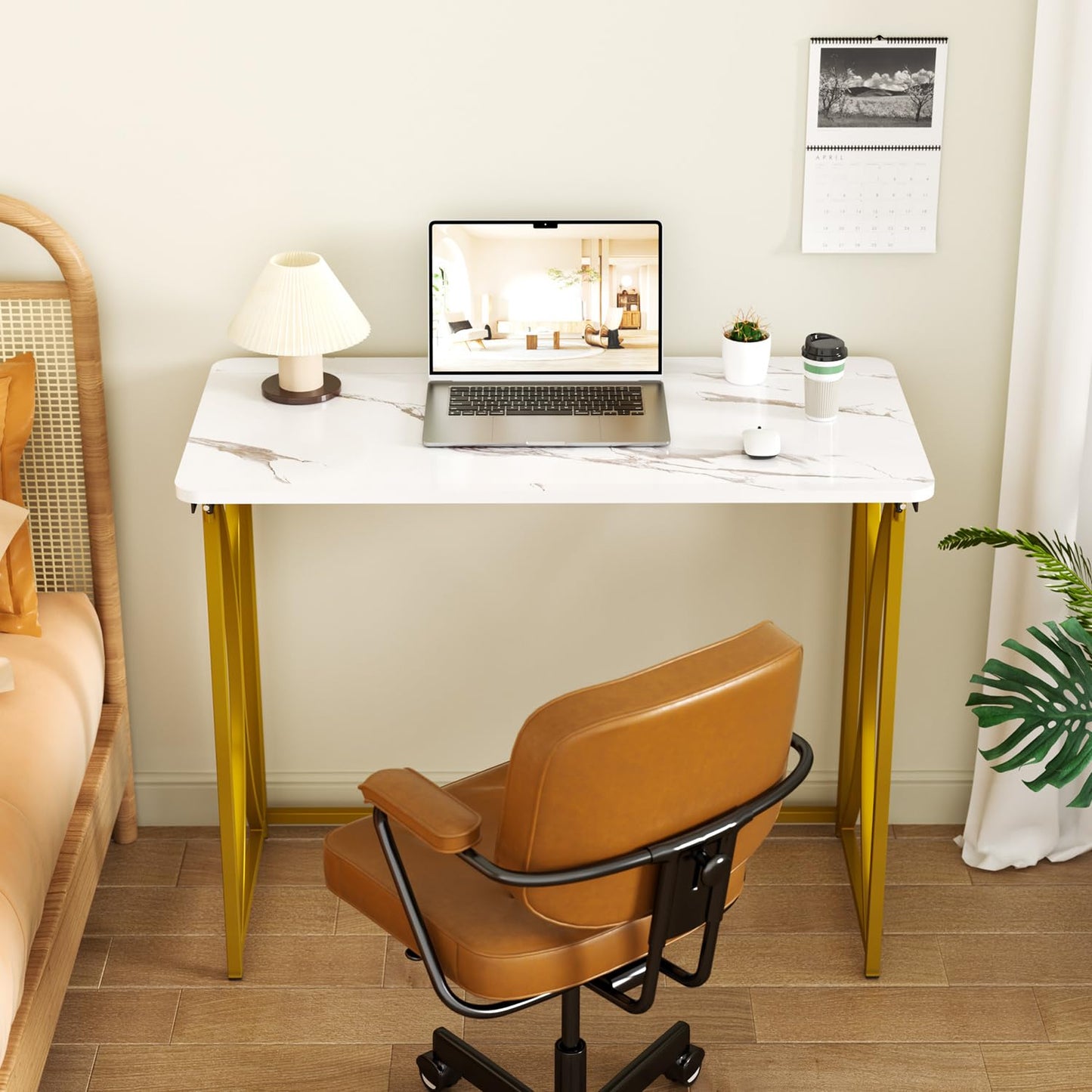 coeztt Folding Desk, 31.5" Small Desk for Bedroom, Space Saving Foldable Computer Desk for Home Office, Easy Assembly, White and Gold