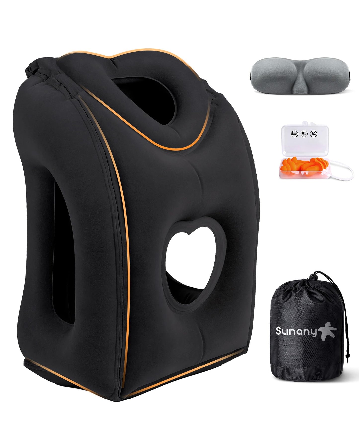 Sunany Travel Pillow, Upgraded Plane Pillow for Long Flights, Inflatable Neck Pillow Used for Airplanes,Cars,Buses,Trains,Office Napping with Eye Mask,Earplugs (Black)