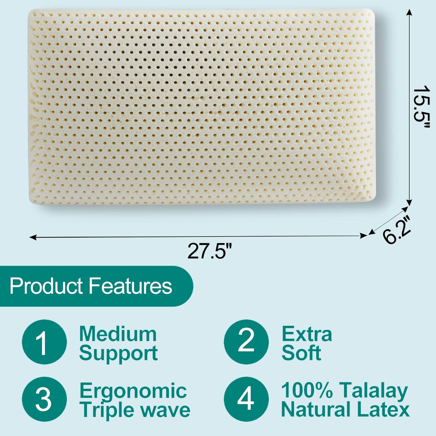 Talalay Latex Pillow, Soft Natural Latex Foam Pillow for Sleeping, Bed Pillow for Back, Side and Stomach Sleeperswith Removable Cotton Cover, Helps Relieve Shoulder and Neck Pain (Queen (Soft))