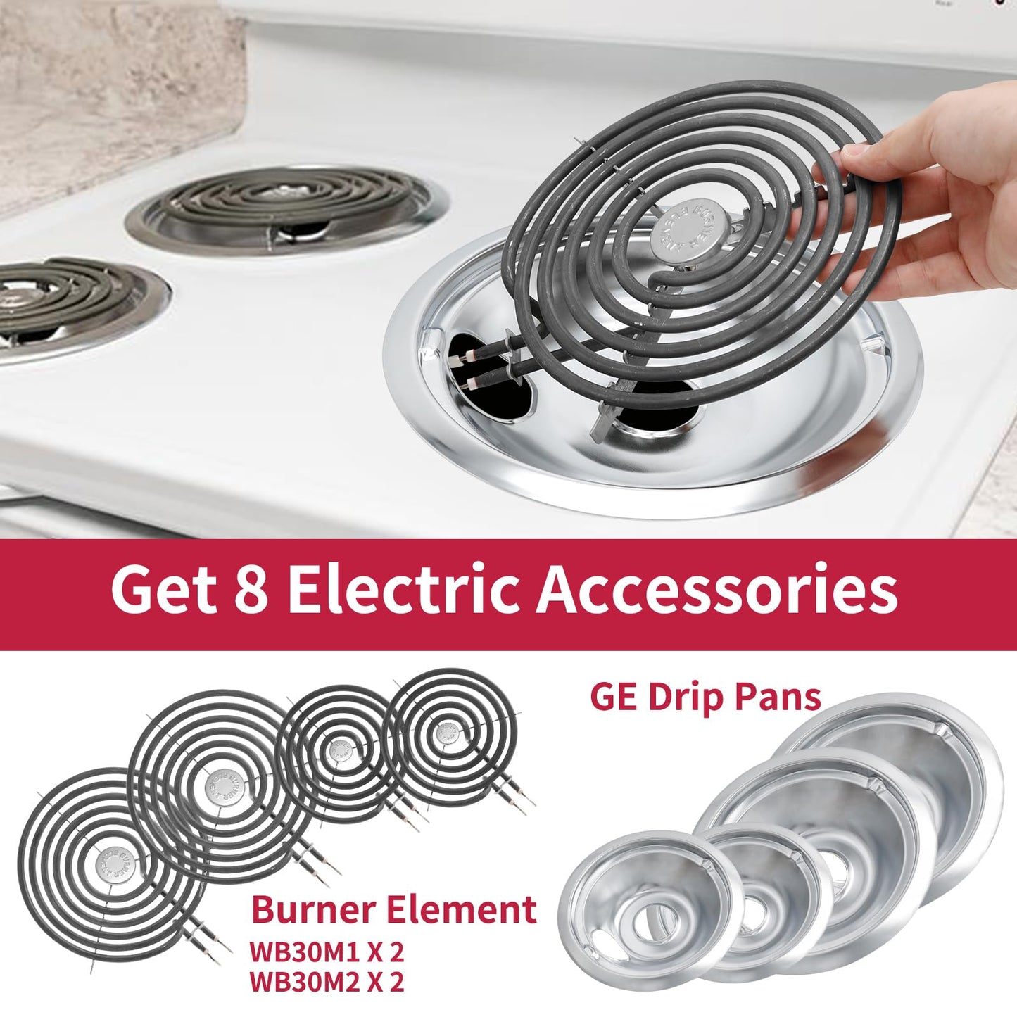 COZZIVITA GE Drip Pans and Stove Burner Element Unit Set, Perfectly Fit WB30M1 & WB30M2 -Replacement for GE Hotpoint Stove Top