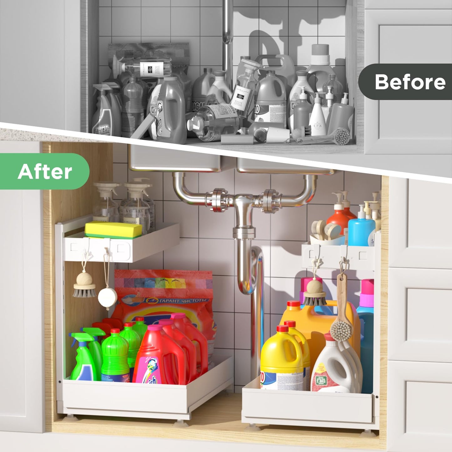 Kovryx Under Sink Organizer Bathroom Kitchen: 2 Pack 2 Tier Metal Under Cabinet Storage with Height-adjustable Shelf and Pull out Rack for Pantry Vanity Cupboard Counter Countertop, White