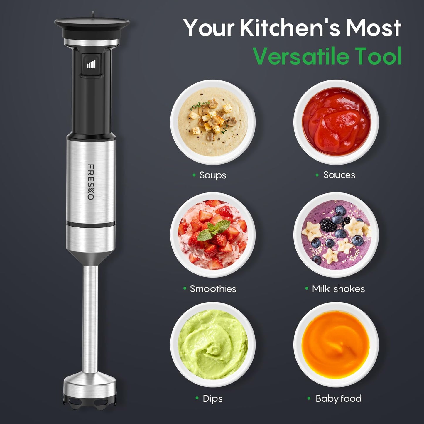 FRESKO Immersion Blender Handheld, Corded Hand Blender with Trigger Variable Speed, Anti-Scratch Stainless Steel Shaft, Stick Mixer for Soups, Shakes, Baby Food & Puree