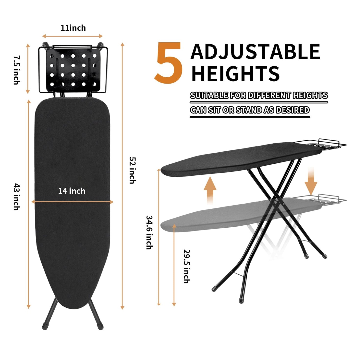 Ironing Board, 43x14 Inch Iron Board with Steam Rest, Heavy Duty Metal Frame Legs Ironing Table with Heat Resistant Cover Mat, Foldable Full Size Hanger Ironing Stand (Black, 52" L x 14" W x 34.6" H)