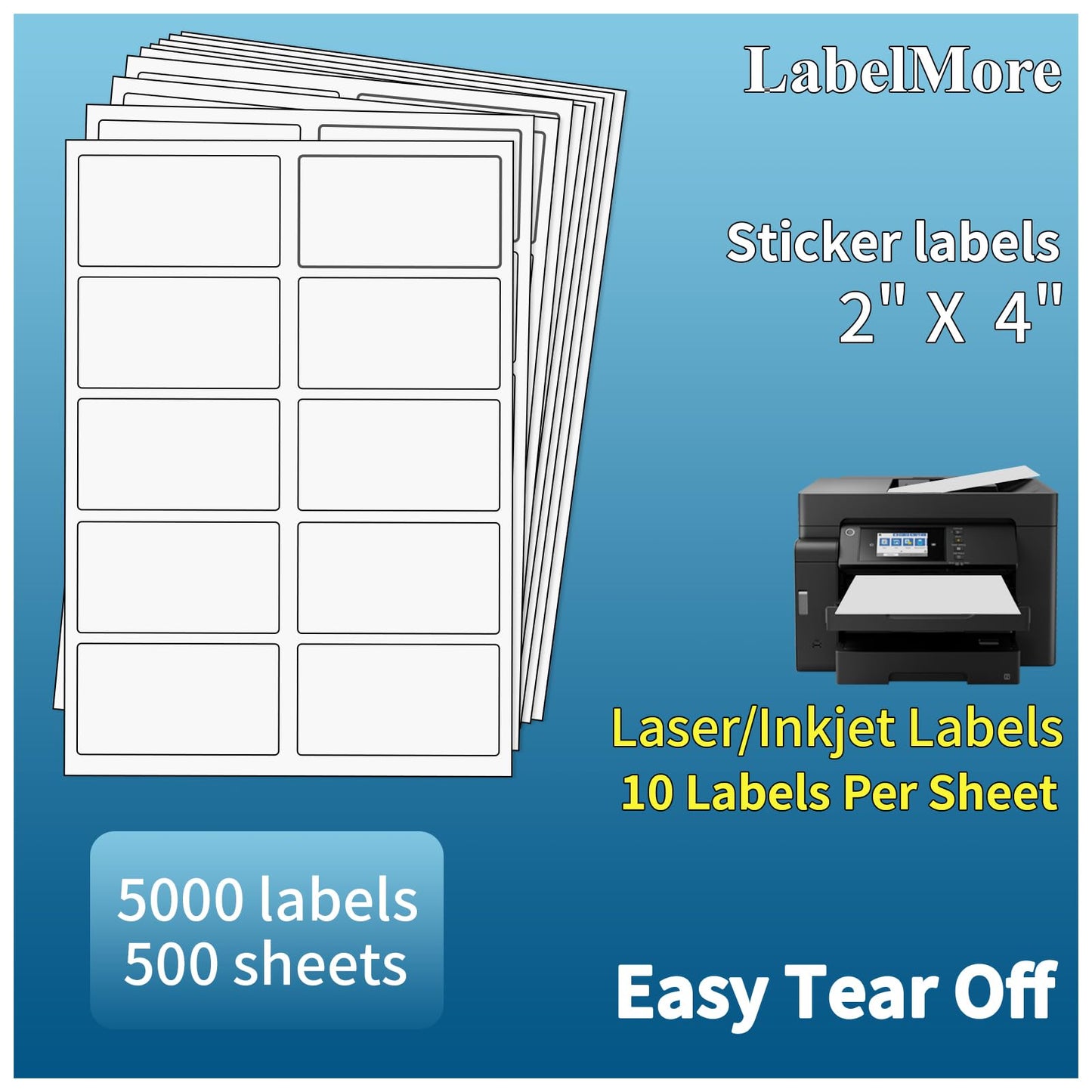 LabelMore 2 x 4 Shipping Labels for Laser or Inkjet Printable, 5000 Labels - 500 Sheets