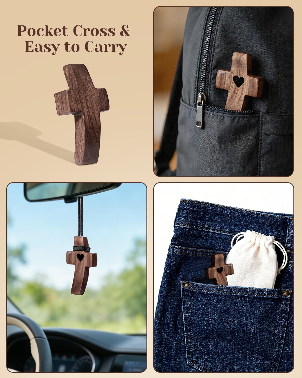 30-Pack Wooden Cross Fidget, Handmade Pocket Wood Crosses, Cross My Heart | Encouragement Gift, Relieve Anxiety for Yourself, Inspirational Easter Gift for Christian Faith, Prayer, Father Day Gifts