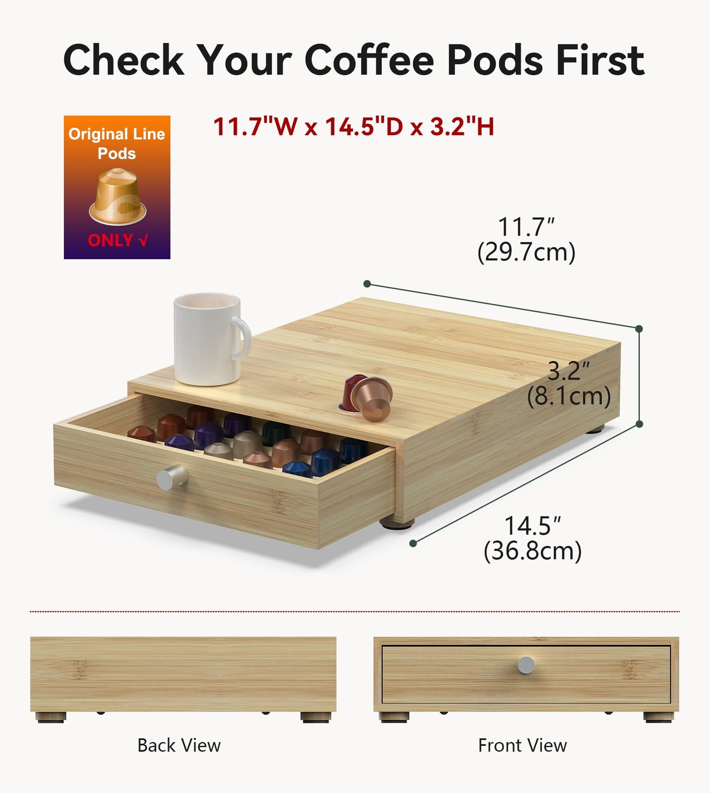 WELL WENG for Nespresso Original Capsules - Bamboo Coffee Pod Drawer Holder - 48 OriginalLine Pods Organizer (14.5"D x 11.7"W x 3.2”H)