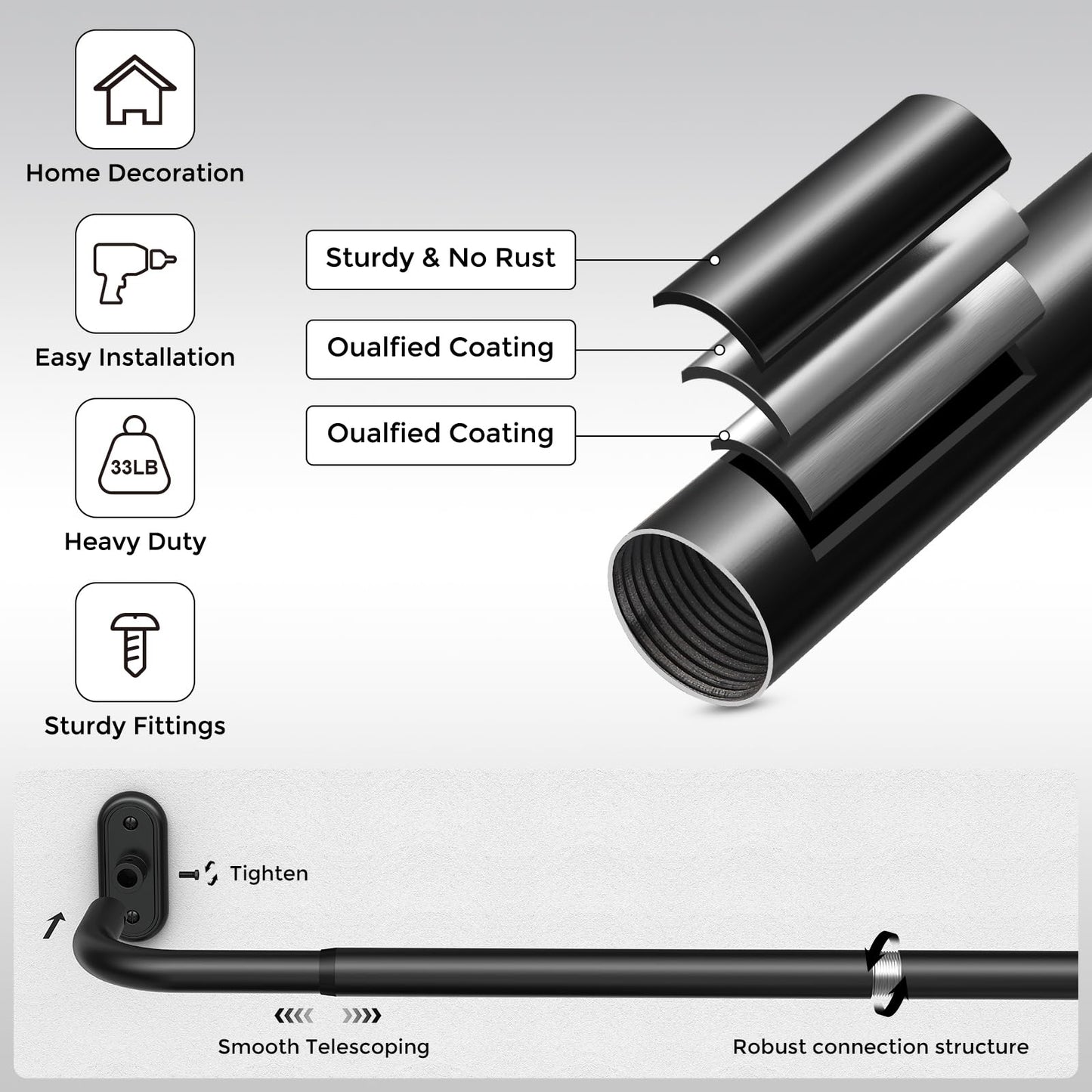 JRZOO 2 Pack Wrap Around Curtain Rods Black, Blackout Heavy Duty Curtain Pole for Windows 48 to 84 Inch, 1" Decorative Room Darkening Curved Modern Drapery Rod (Matte Black/Unique Design/All Metal)