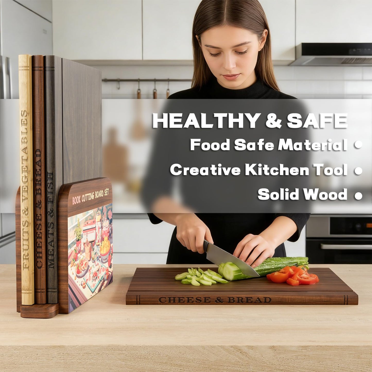 Premium Book Cutting Board Set – Crafted from 100% Black Walnut, Sapele, and Bamboo A Stylish Base With Cartoon Designs | Decorative and Functional Kitchen Essential（Walnut, Sapele, Bamboo）