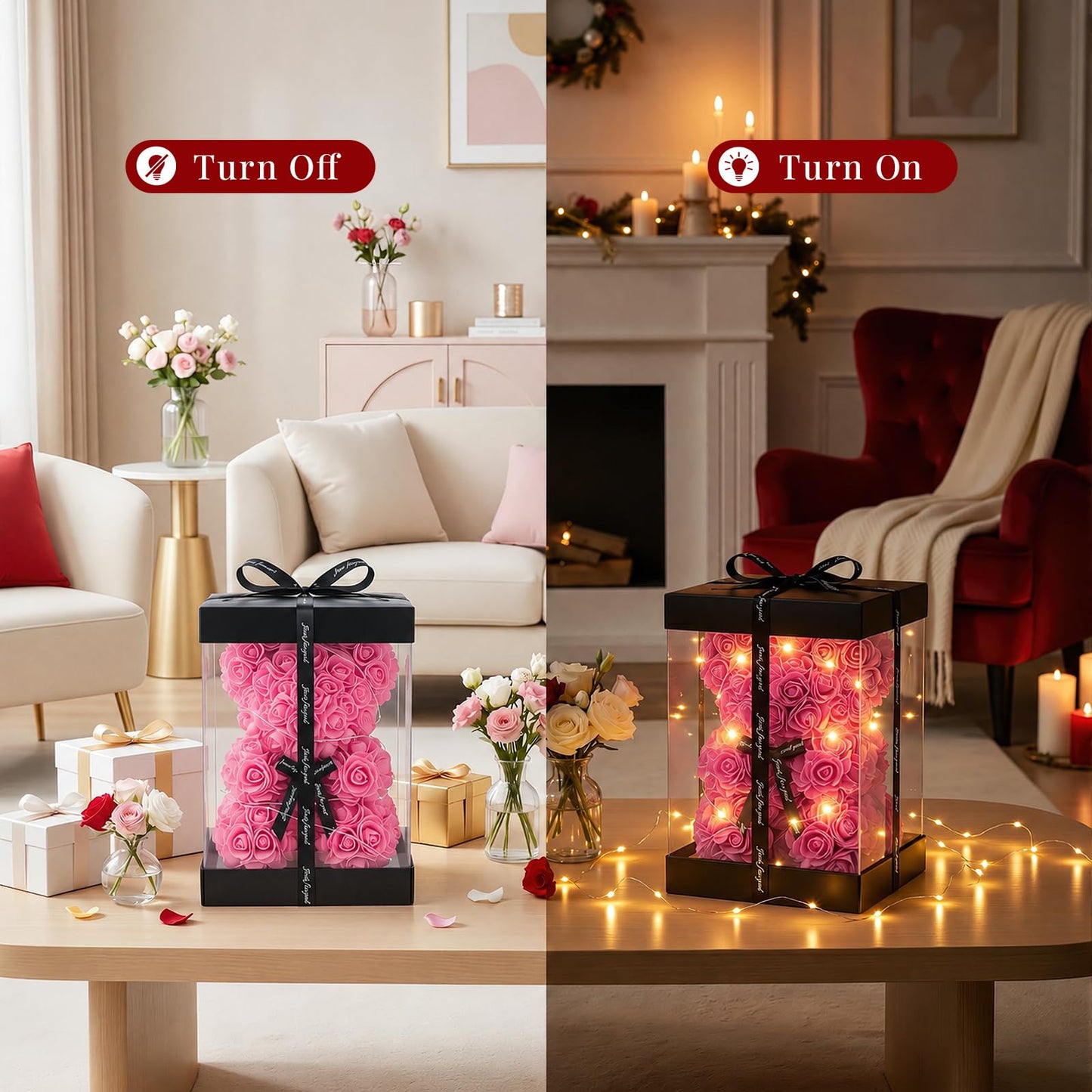 Otlonpe Preserved Artificial Roses Flowers Bear, Forever Women Gifts for Birthday Christmas Valentines Mothers Day, 9'' Pink Rose Flower Small Bear Lamp in Box, Gifts for Women Mom Grandma Daughter