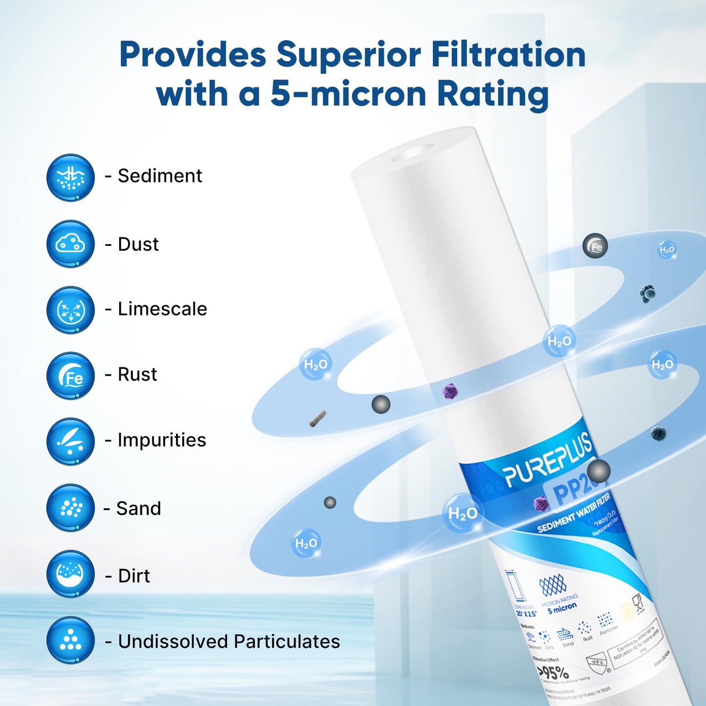 PUREPLUS 5 Micron 20" x 2.5" Whole House Sediment Home Water Filter, 20-inch Sediment Pre-Filtration, Replacement Cartridge Aqua Pure AP110-2C, Pentek P1-20/SP-P1-20/PX01-20, 6Pack