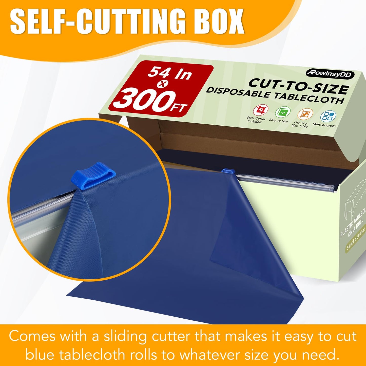 54 in X 300 FT Blue Plastic Table Cover Roll with Slide Cutter, Cuts Up to 36 Rectangle 8 Feet Disposable Plastic Table Cloths, Disposable Table Cover Roll for Dinning, Parties, BBQ, Wedding, Outdoor
