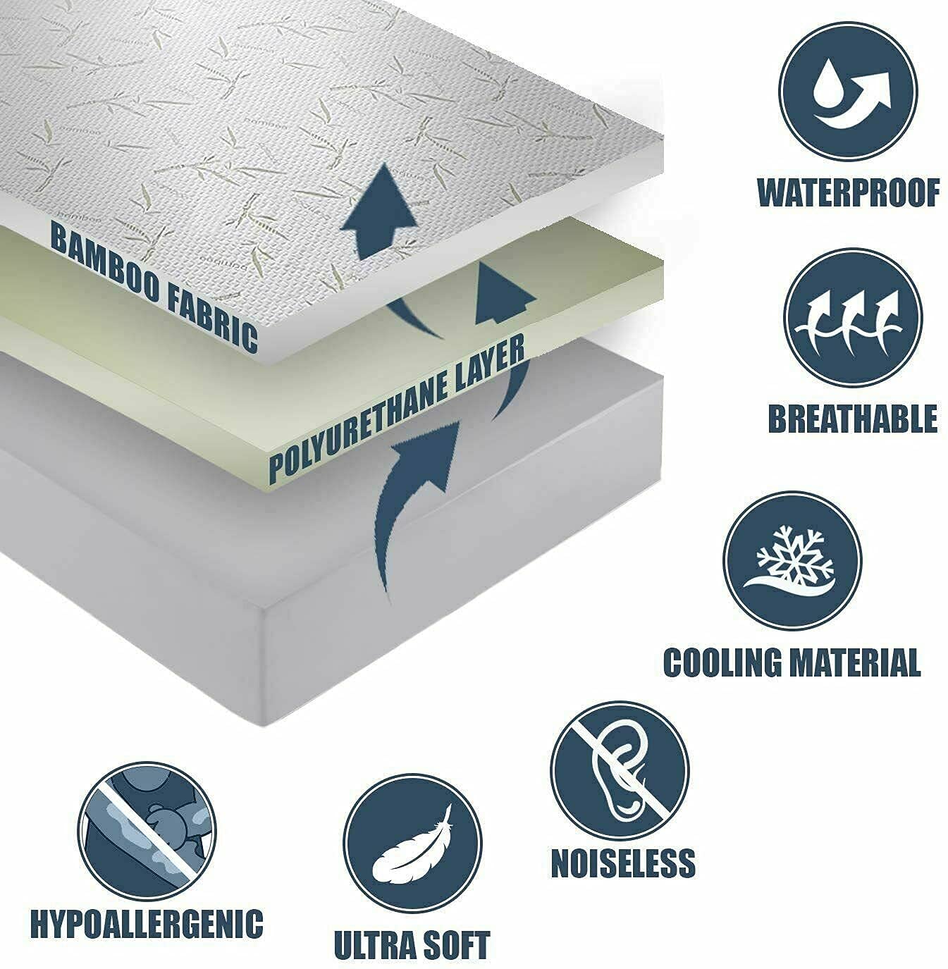 Bamboo Mattress Protector with Zipper - 100% Waterproof King Size Cooling Mattress Cover - Ultra Soft Jacquard Fabric Breathable Noiseless Mattress Pad Cover - Zippered Mattress Encasements