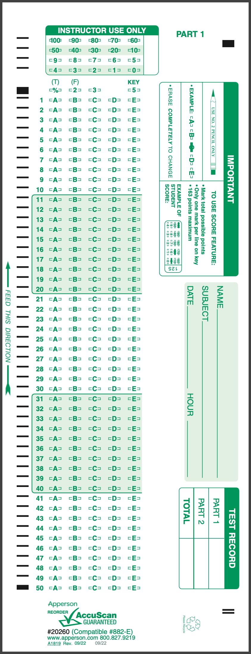 Apperson 20260 882-E Compatible Answer Sheet 500-pack