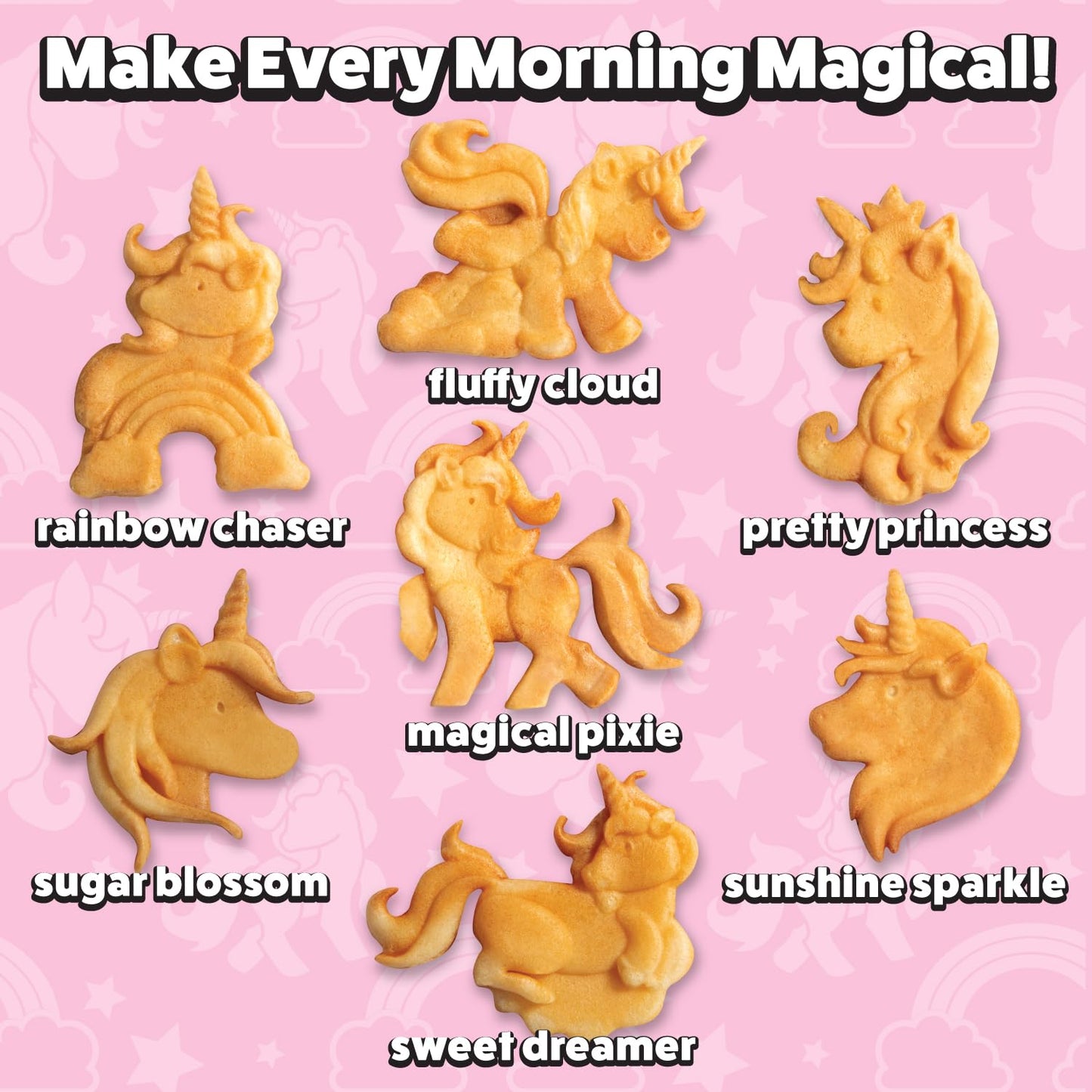 Unicorn Mini Waffle Maker- Creates 7 Different 3D Animal Shaped Waffles in Minutes- A Fun Cool Magical Breakfast for Kids, Girls & Adults- Electric Non-Stick Waffler Iron, Pancake Baker w Recipe Guide