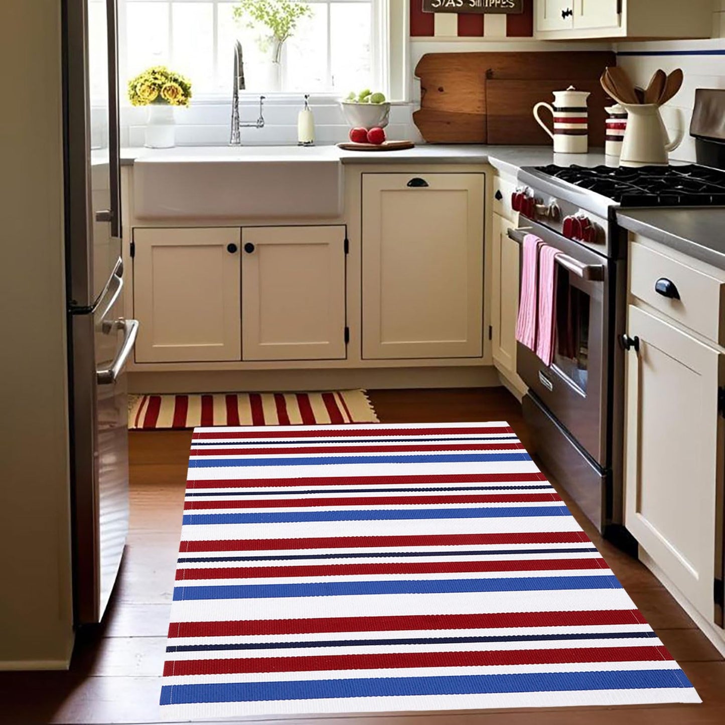 Bottalive USA 250th Anniversary Patriotic Doormat, 3' x 5' Red White and Blue Striped Outdoor Rug, Washable Farmhouse Front Porch Welcome Mat for Memorial Day, 4th of July, and Independence Day Decor