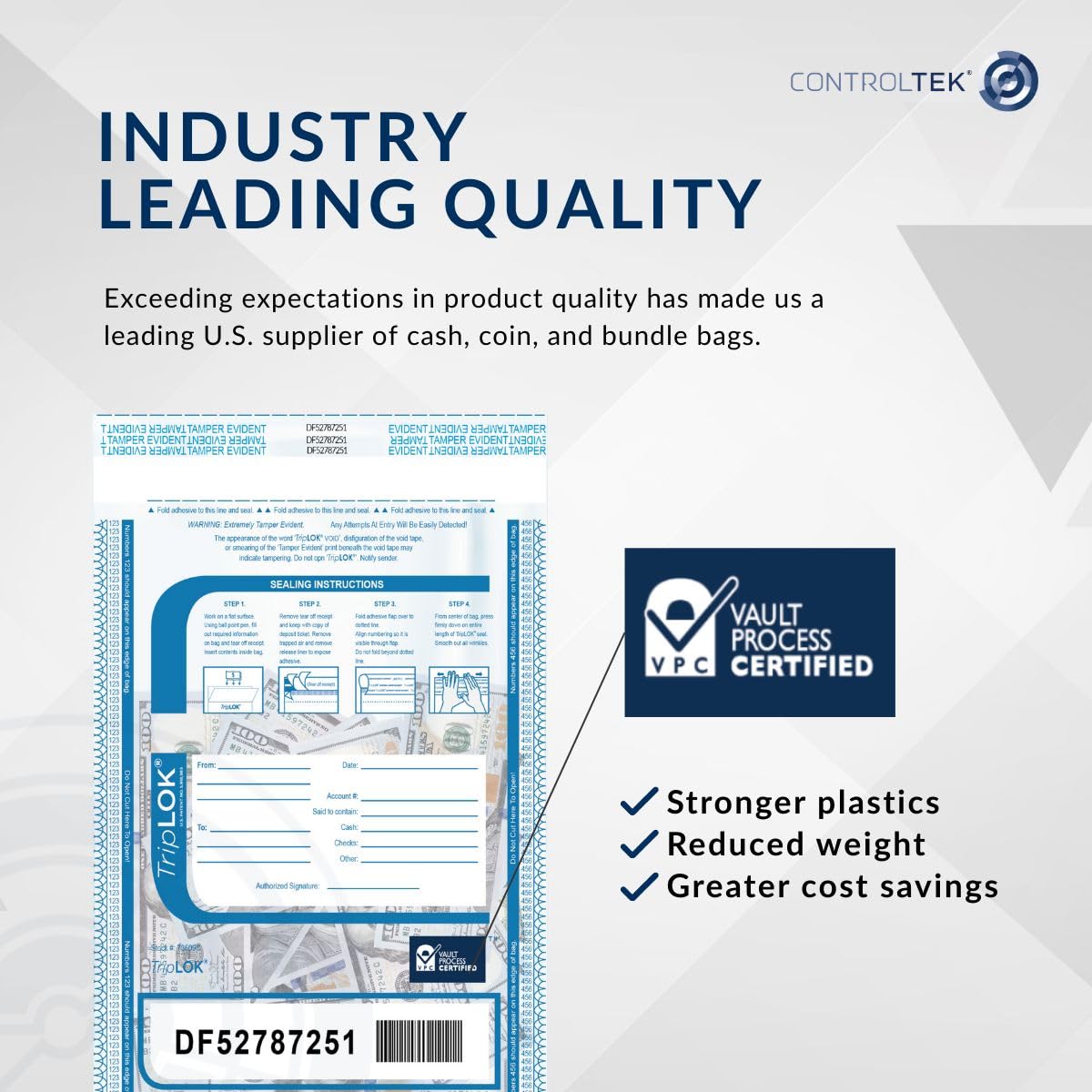 ControlTek TripLok 12" x 16", Clear, 100 Bags, Tamper-Evident Deposit Bags for Cash Handling & Valuables, Moisture, Heat and Cold Sensitive Ink, Tear-Off Receipt + Large Barcodes 585040