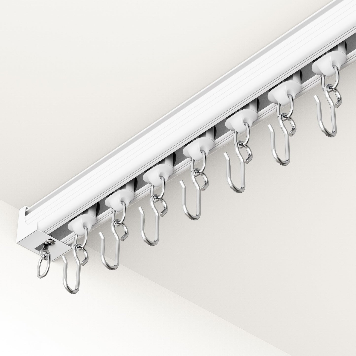 Ceiling Curtain Track 6–9 ft White - Heavy Duty Ceiling/Wall Mount Curtain Rail/Rod System, 30 Quiet-Glide Rollers, 30 Hooks, 30 Clips, Room Divider for Living Room, Bathroom or Hospital