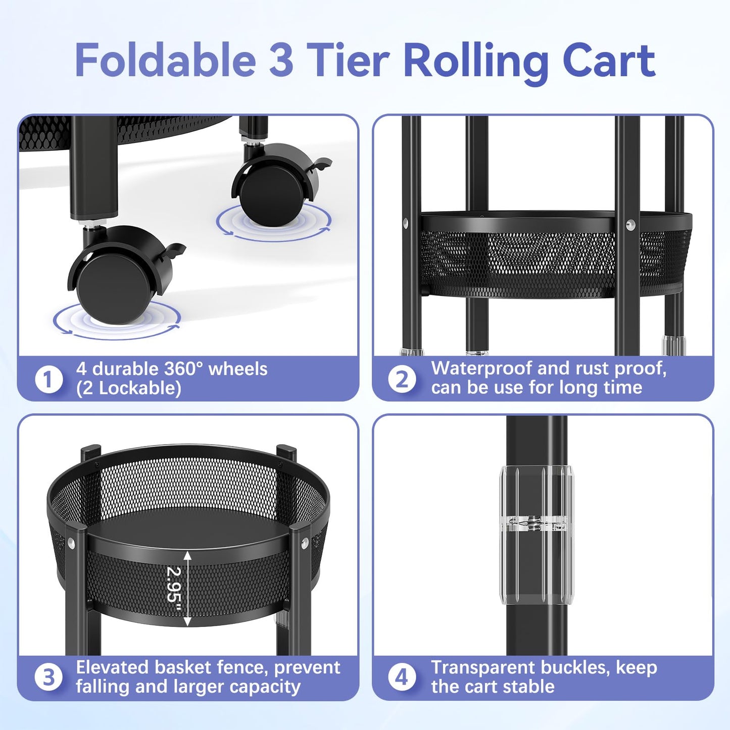 TOOLF 3-Tier Foldable Rolling Cart, Collapsible Metal Utility Cart with Wheels, Assembly-Free, Round Storage Organizer Trolley for Kitchen, Bathroom, Dorm, Nursery, Black