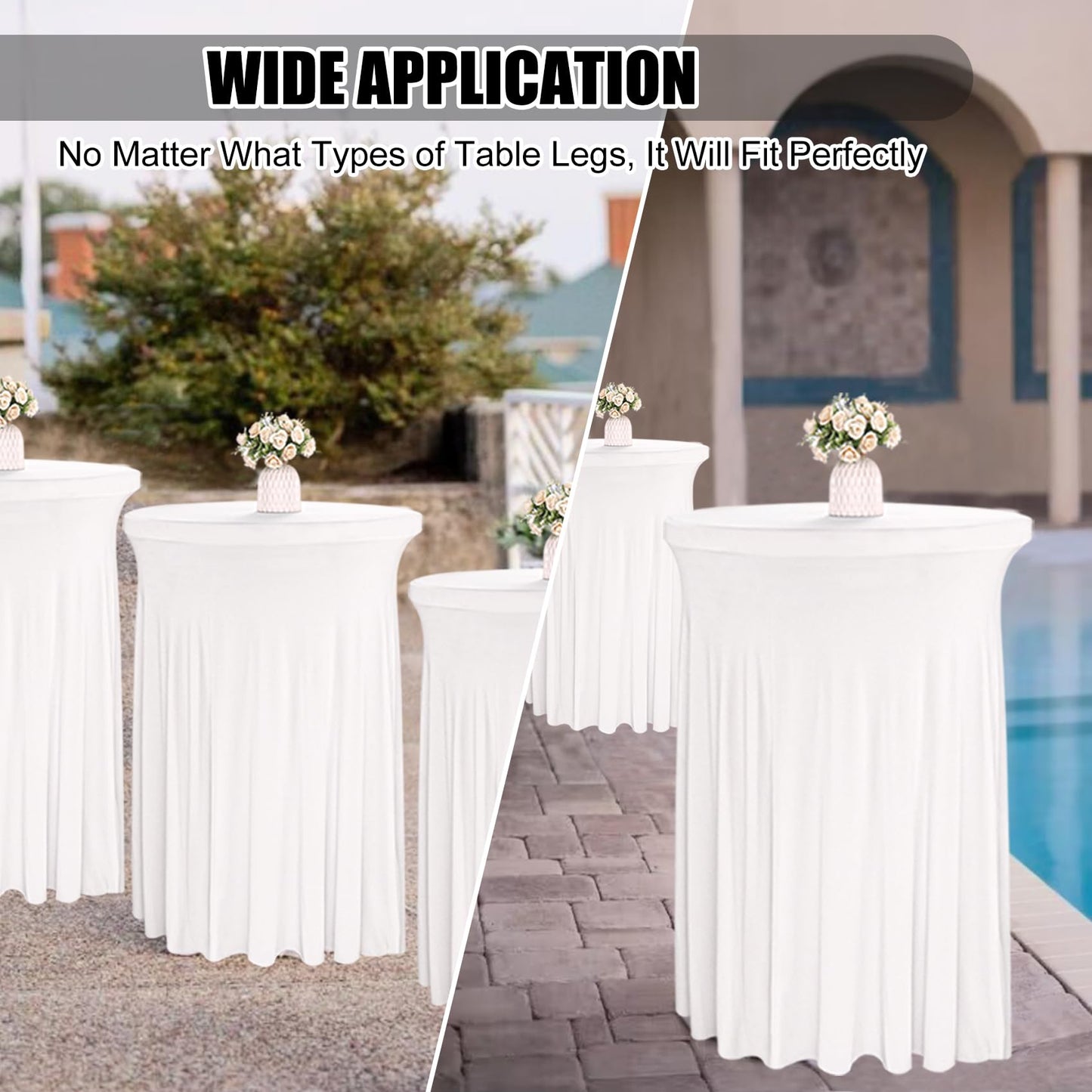 JALANCY 4 Packs 32 x 43 Inch Spandex Round Cocktail Table Skirts Stretch Cocktail Table Cover Fitted for High Top Tables for Wedding Bar Party Banquet (White)
