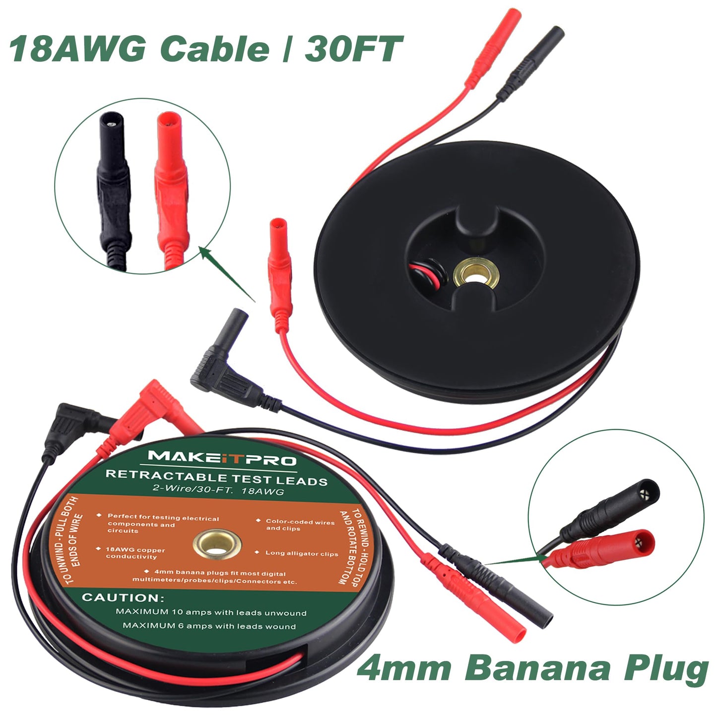 MAKEITPRO 2 Wires 30FT 18AWG Retractable Test Leads with Cable Bag and Dual Ended Electrical Alligator Clips Test Probe Lead Wire Cables for Circuit Connection/Electrical Testing and Troubleshooting