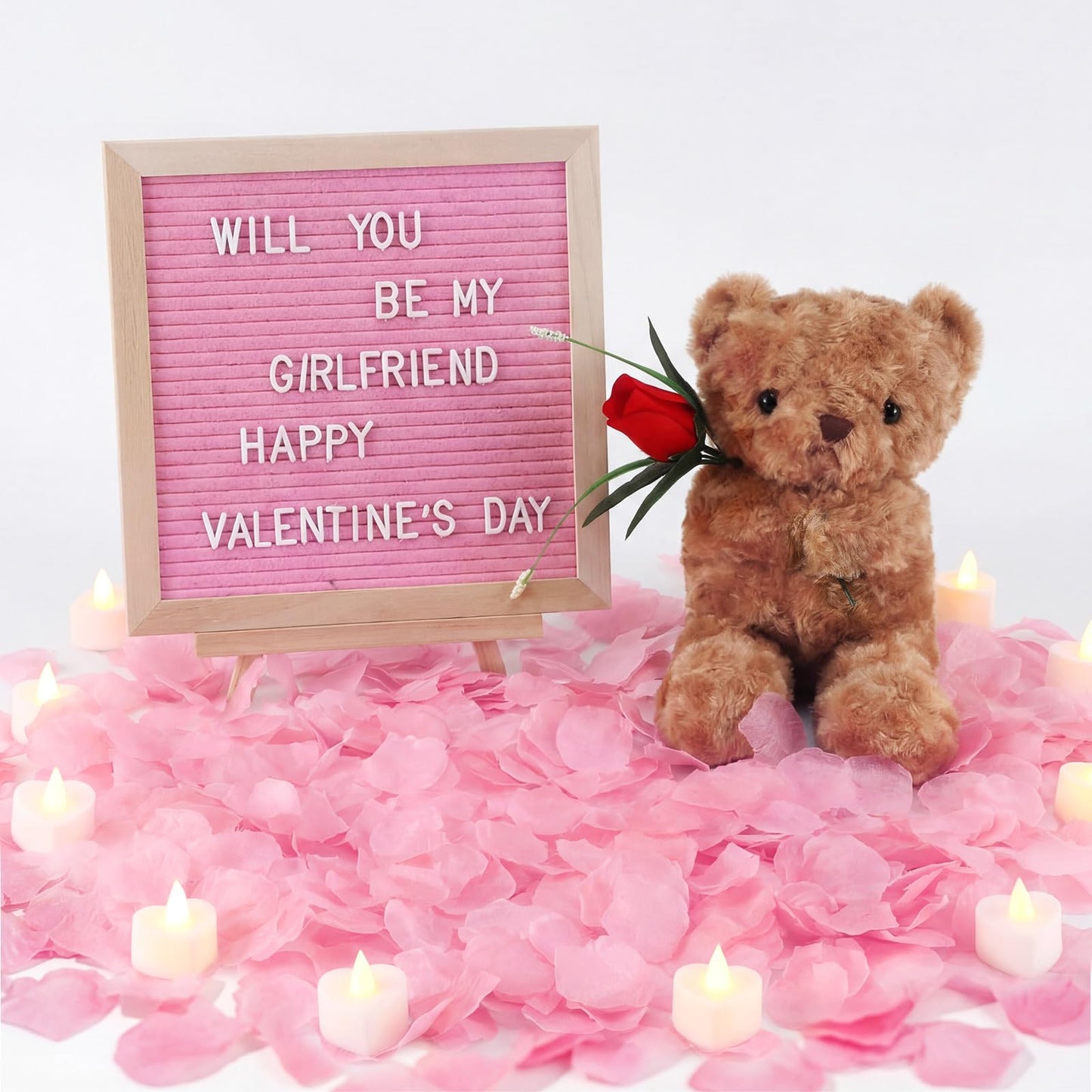 Ceenna Will You Be My Girlfriend Romantic Sign with LED Candles and Artificial Rose Petals, Bear Stuffed Animal Gift with Rose DIY Felt Letter Board Sign for Surprise(Pink)