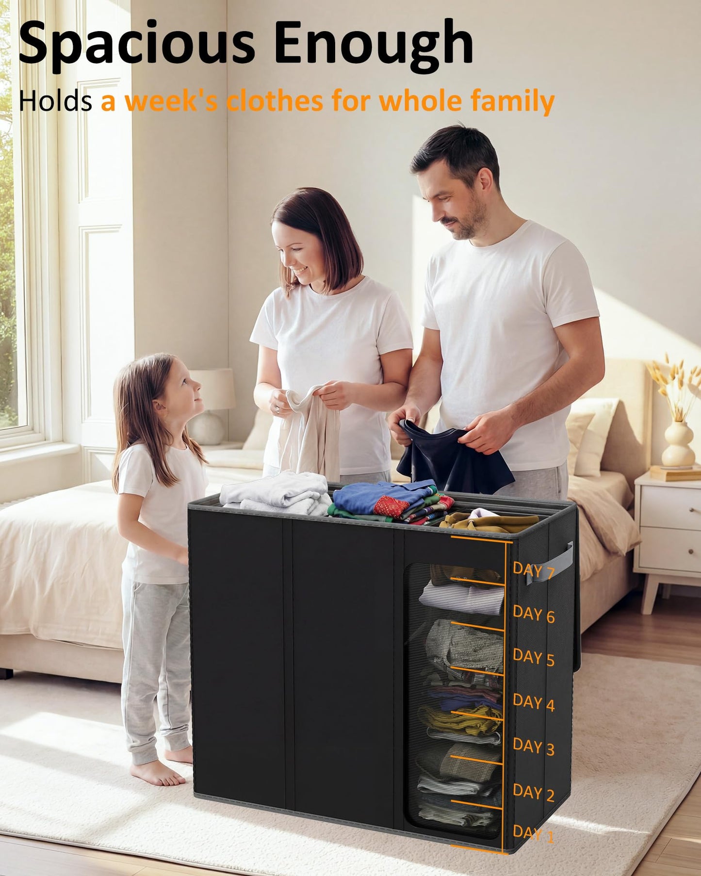 Optish 180L Laundry Hamper 3 Section, Large Laundry Hamper with Lid, Dirty Clothes Hampers with 3 Inner Bags, Laundry Basket Organizer for Laundry, Bedroom, Bathroom, Hamper 3 Compartment, Black