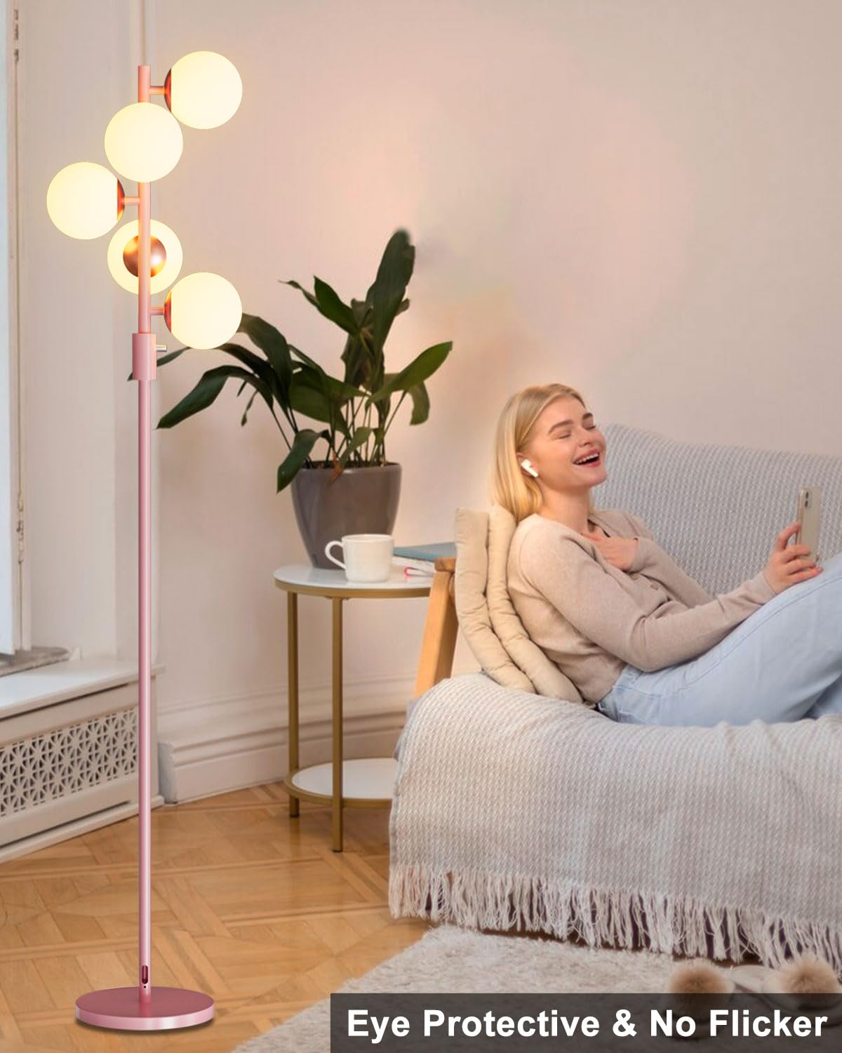 ACOHOOK 64IN Dimmable Pink Floor Lamp, Tall Standing Lamps with 5 Globe Soft Warm White Eye Care 3000K G9 Bulbs, Mid Century Modern Floor Lamp with 5Lbs Heavy Base for Living Room Bedroom Office