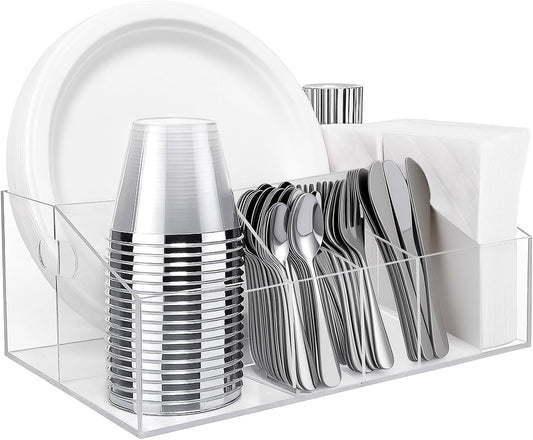 Truxwal Acrylic Paper Plate Organizer and Dispenser – Extra Capacity Plate and Utensil Caddy for Plates, Cups, Napkins and Cutlery, Ideal for Kitchen, Parties, Picnics, Weddings, and Outdoor Events