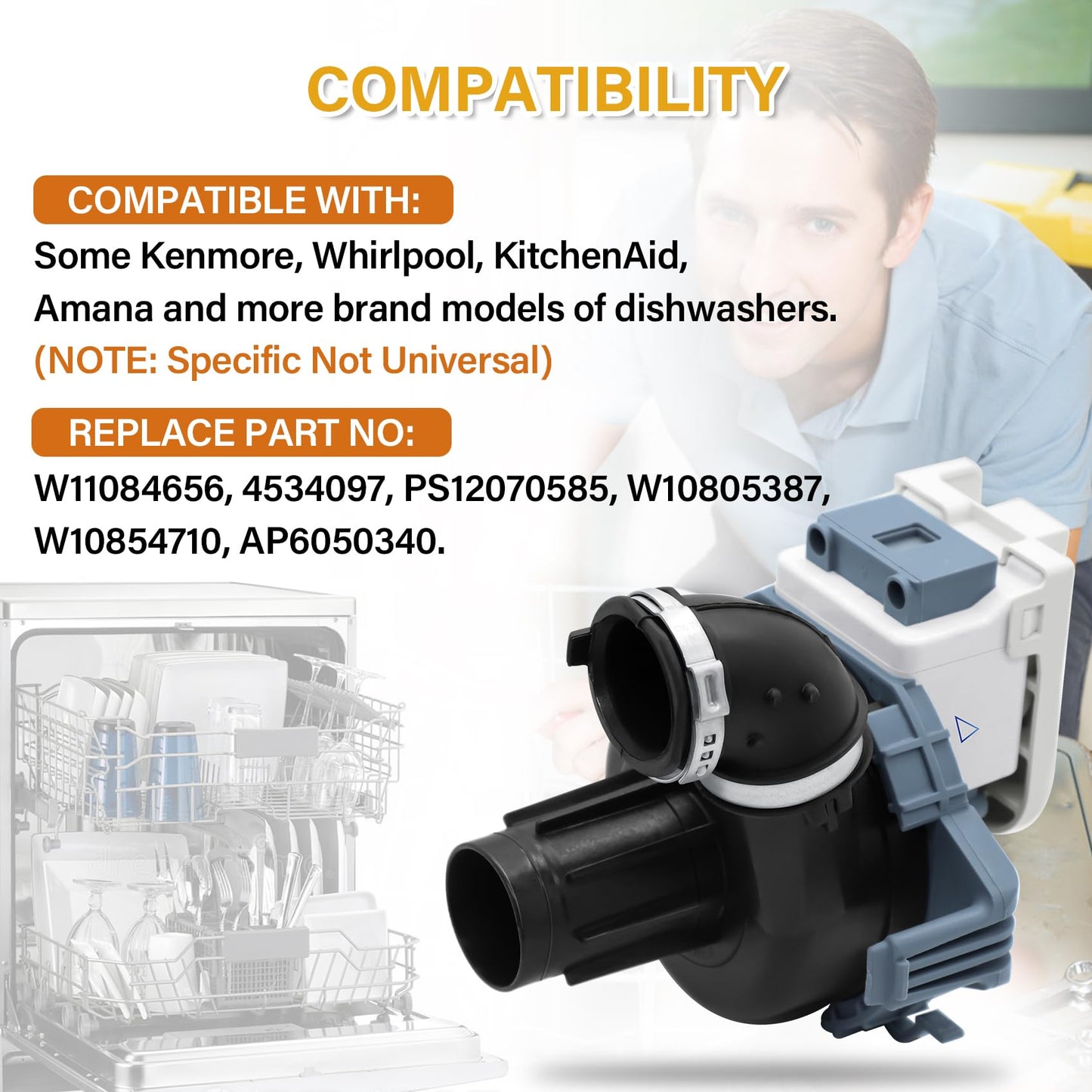 W11084656 Dishwasher Circulation Pump & Motor Assembly Compatible with Kenmore, Whirlpool, KitchenAid, Amana, Replacement Part: 4534097, PS12070585, W10805387, W10854710, AP6050340