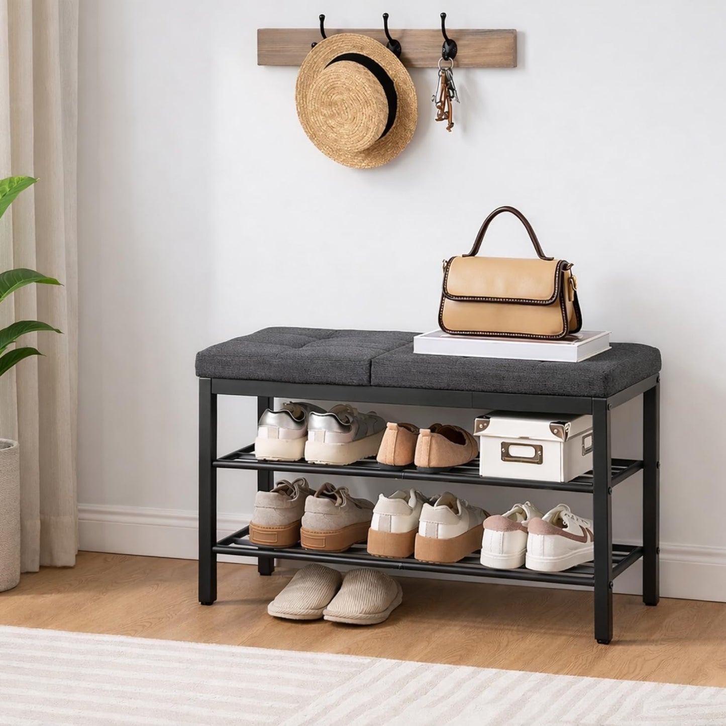 HOOBRO Shoe Bench, Storage Bench with Cushion, Entryway Bench Shoe Shelf with Seat, 12 x 29.5 x 18.1 Inches, Shoe Rack for Living Room, Bedroom, Hallway, Dark Gray BGZ95HX01