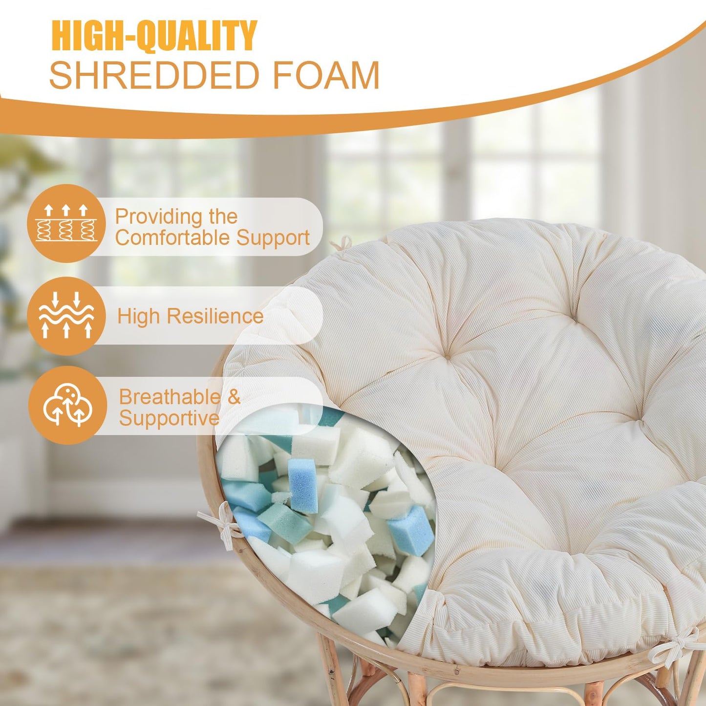 idee-home Papasan Chair Cushion, Circle Papasan Chair Cushion(Cushion Only) with Thick Corduroy Cover, 48 x 48 Inch Cushion for Egg Chair, Beige