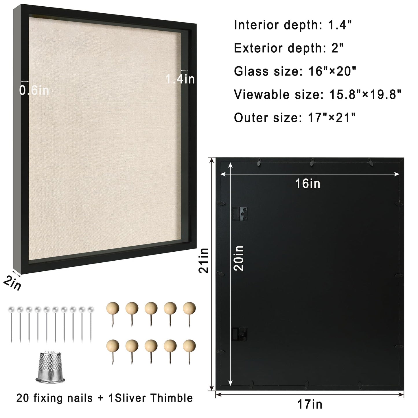 CCDCC 16x20 Large Shadow Box Picture Frame with Soft Linen Back, Black Wooden Youth Kids Jersey Frame Display Case with Tempered Glass Cover for Wall Display