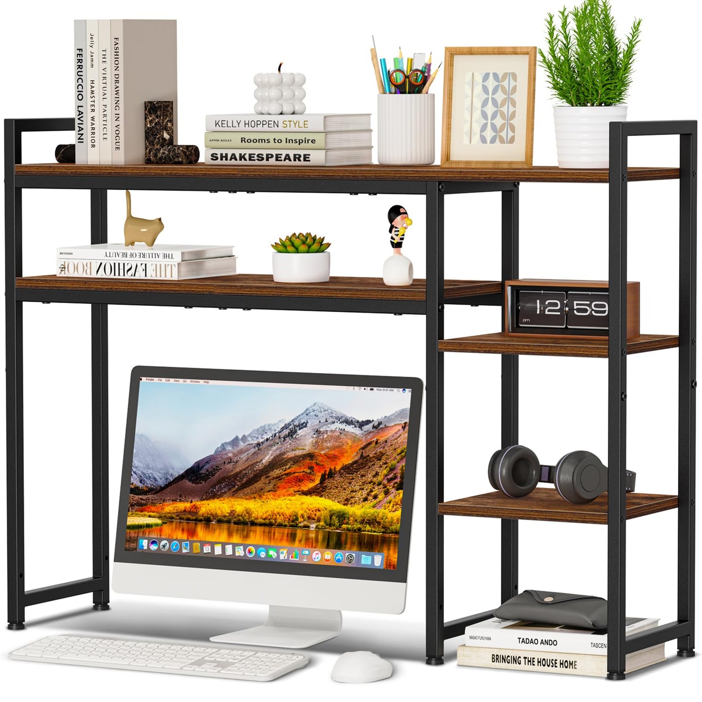 Snughome Adjustable Desk Shelf with Monitor Stand, 38.6" Desktop Organizer Hutch, Height Adjustable Computer Monitor Riser & 4 Tier Storage Bookshelf for Home Office Dorm