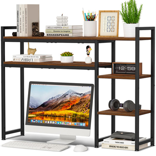 Snughome Adjustable Desk Shelf with Monitor Stand, 38.6" Desktop Organizer Hutch, Height Adjustable Computer Monitor Riser & 4 Tier Storage Bookshelf for Home Office Dorm