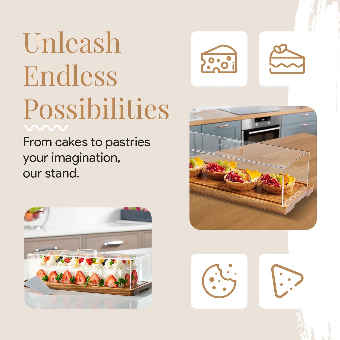 HOMESPHERE Cake Display with Lid – Acacia Wood Dessert Stand & Wooden Charcuterie Board with Lid for Loaf Cakes, Bread, Pastries, Cheese, Large Rectangle Wood Tray Platter & Acrylic Cover, 15 x 6.25”