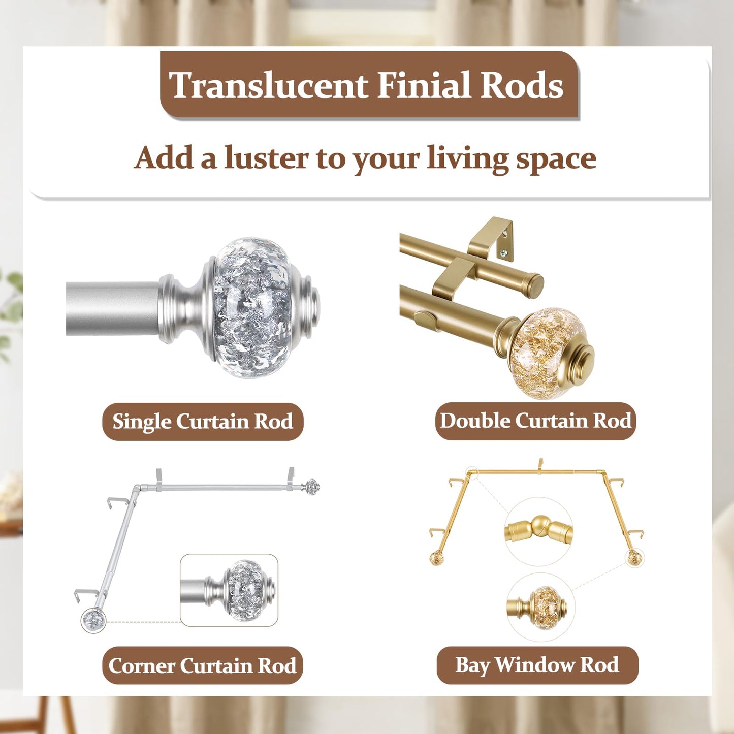 1 Inch Curtain Rods 72 to 144 Inches (6 to 12 ft) Telescoping Single Drapery Rod, USFOOK Heavy Duty Curtain Rods for Windows with Silver Decorative Translucent Finials