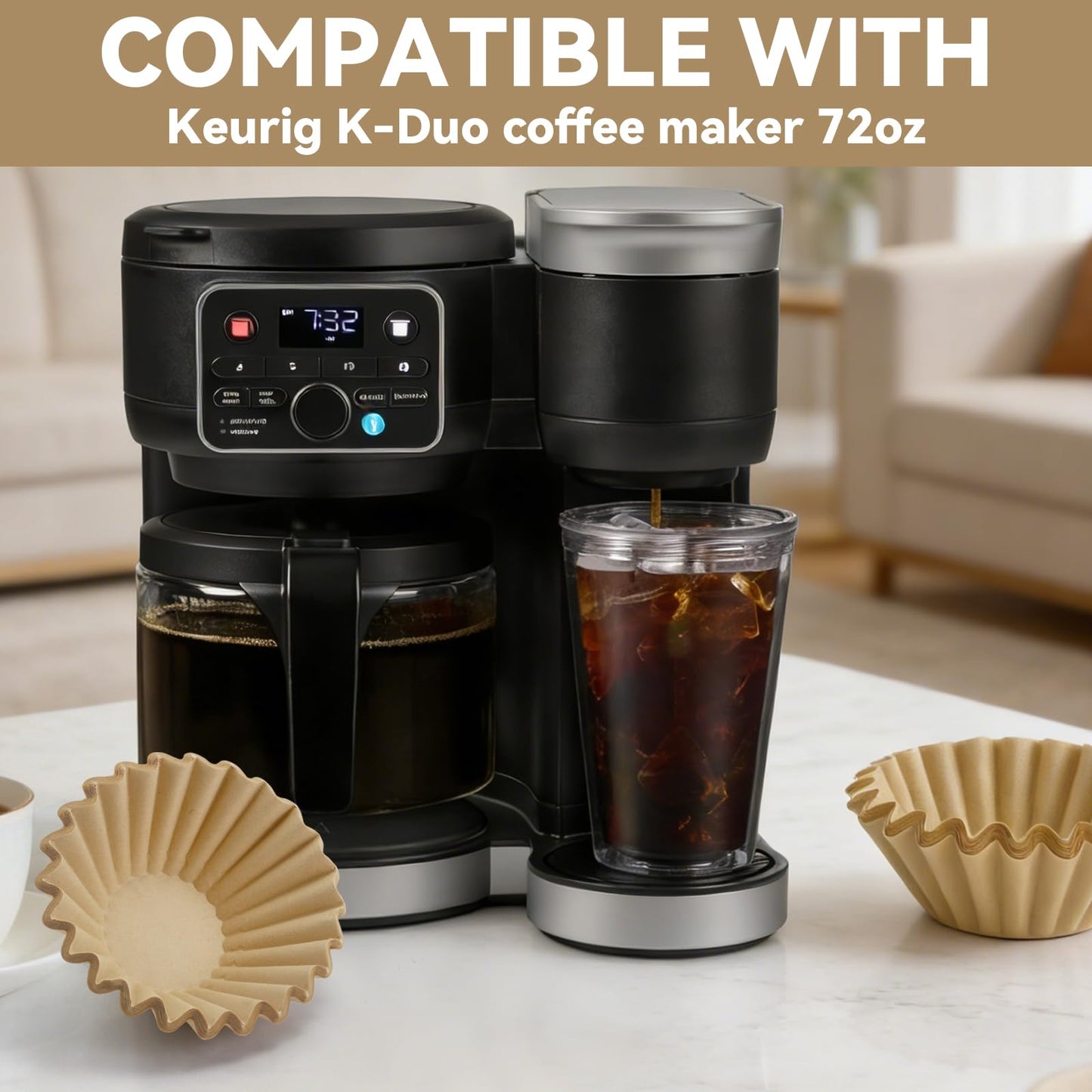 Paper Coffee Filters Compatible with Keurig Duo Coffee Maker 72oz, 200 Pcs Unbleached Extra-Deep Bowl Design Filter Paper for Keurig K-Duo Gen 2