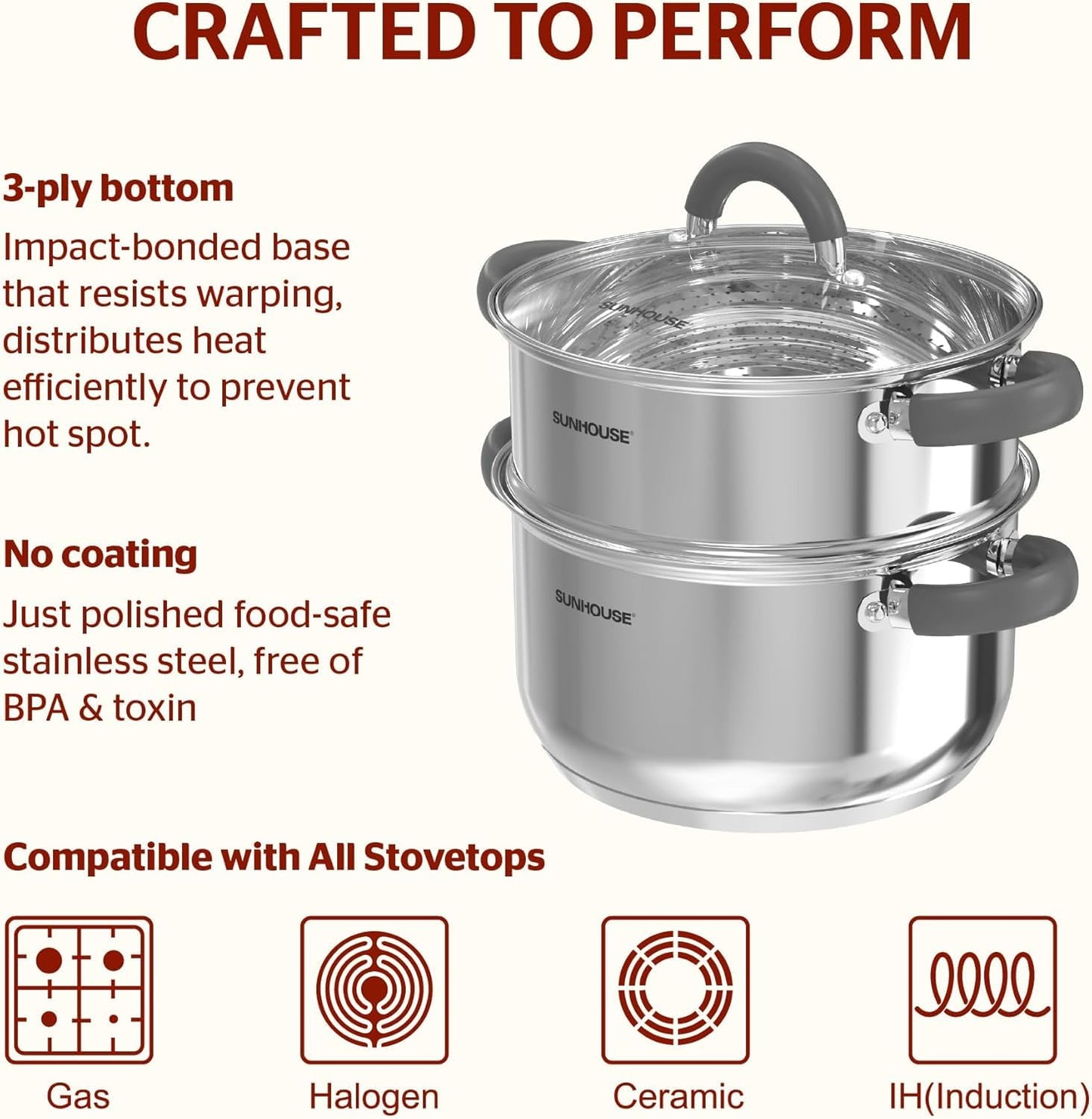 SUNHOUSE Stainless Steel Steamer Pot for Cooking - 3 QT Steaming Pot with Glass Lid & Steamer Basket - 2 Tier Tri-ply Base Vegetable Steamer with Stay-Cool Silicone Handles - Induction Compatible