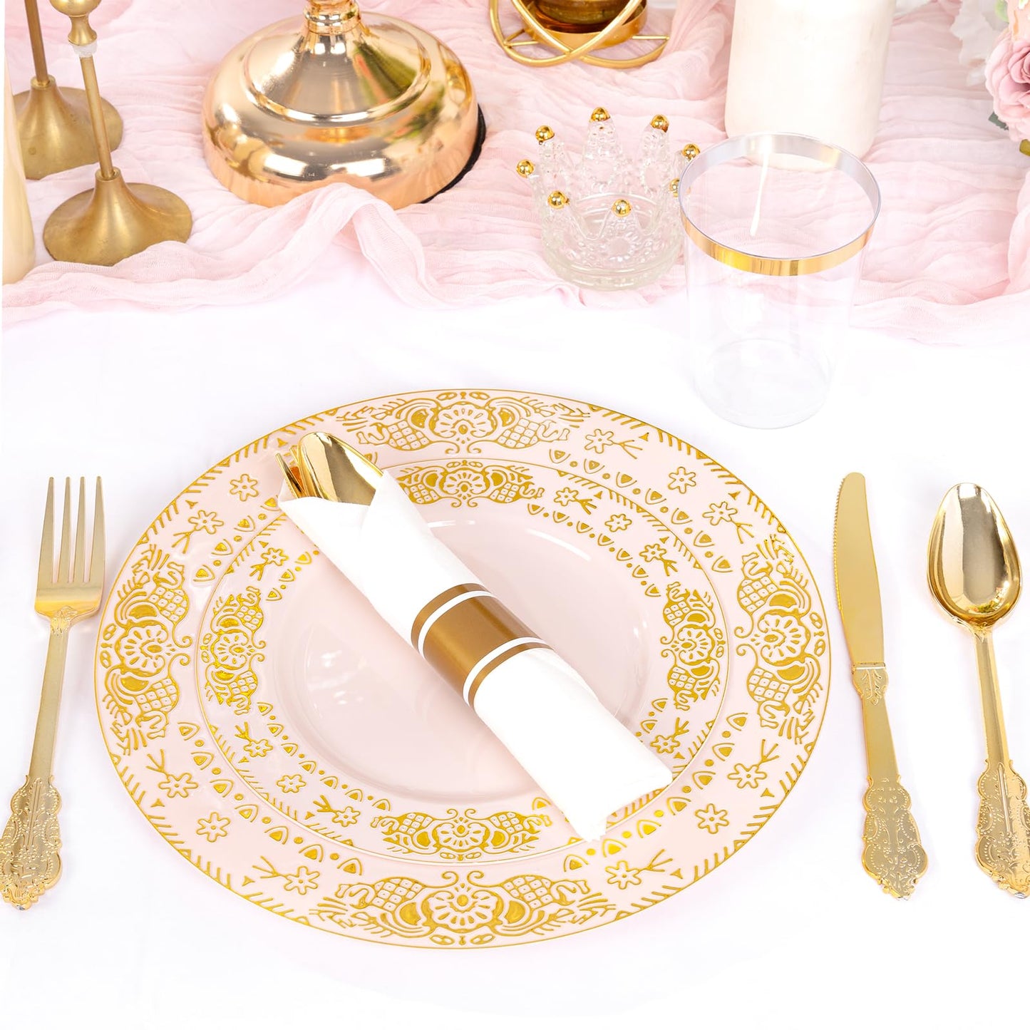 GATHER 350PCS Pink and Gold Plastic Plates - Gold Disposable Dinnerware Set Include 50 Dinner Plates, 50 Dessert Plates, 150 Plastic Silverware, 50 Napkins, 50 Cups for Wedding