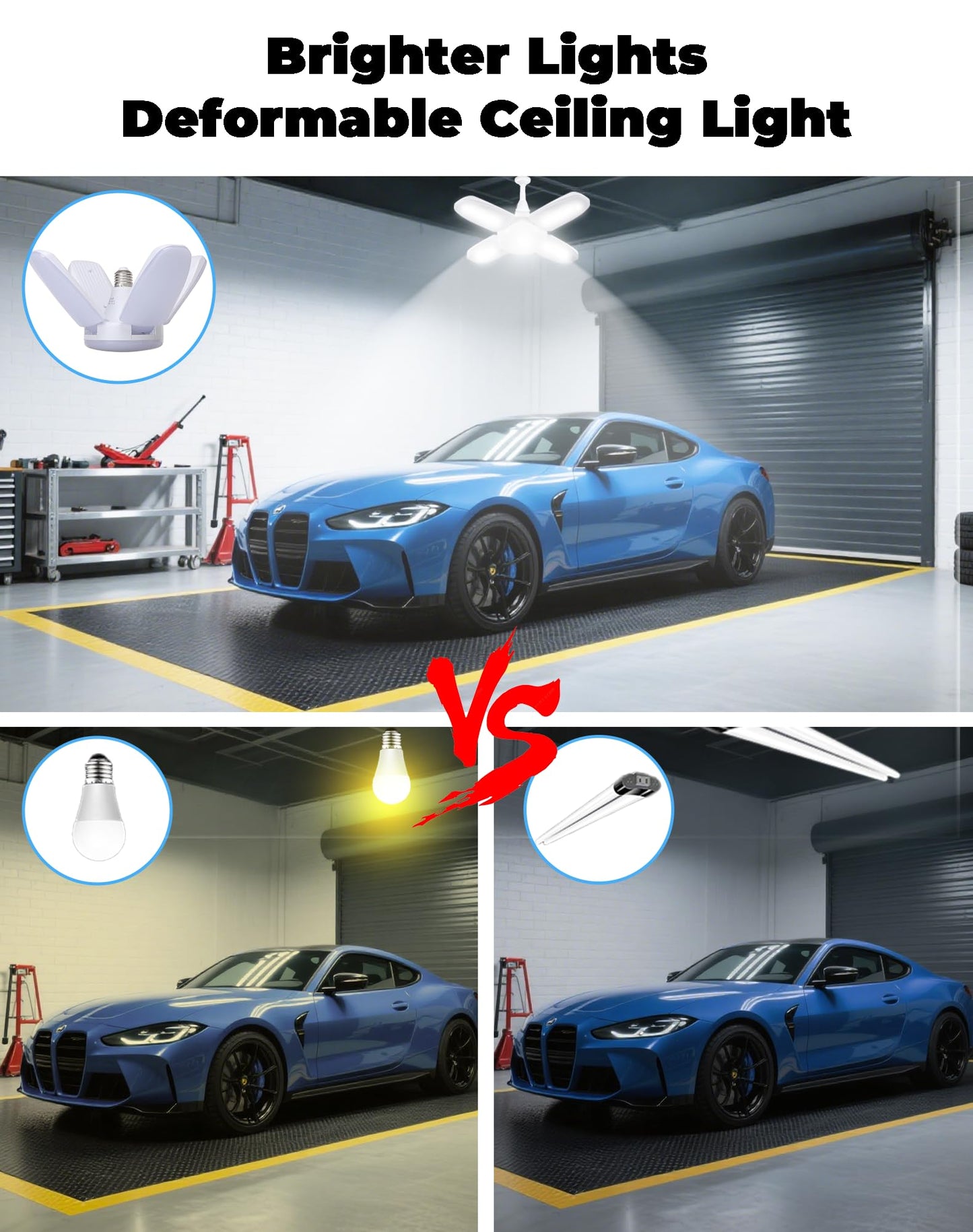 4 Pack LED Garage Lights, 6000LM 60W Deformable Shop Light with 4 Adjustable Panels, 6000K Garage Lights Ceiling Led, E26 Base - 360° Foldable Design for Warehouse/Basement/Workshop