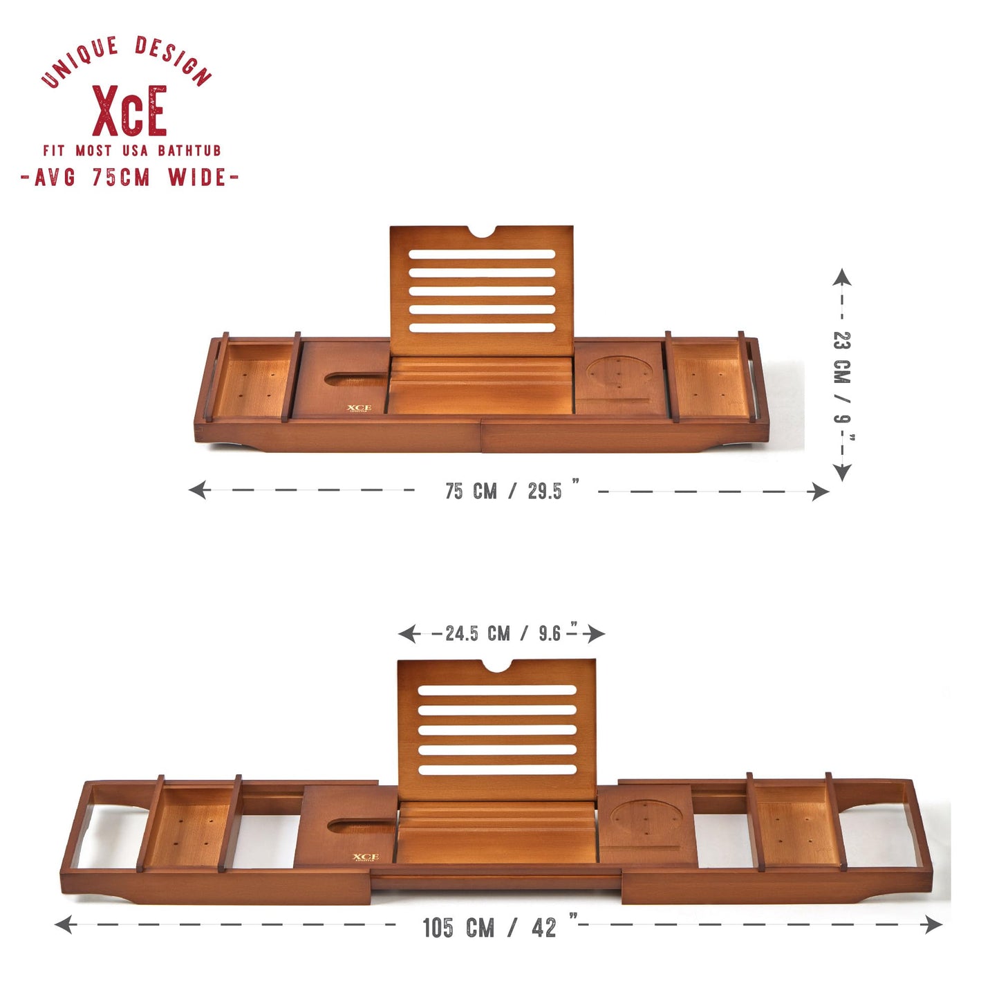 XcE Bamboo Bathtub Caddy Tray - Expandable to 41 Inches with Book Stand, Soap Holder & Anti-Slip Pads for Luxury Bath Spa, Brown