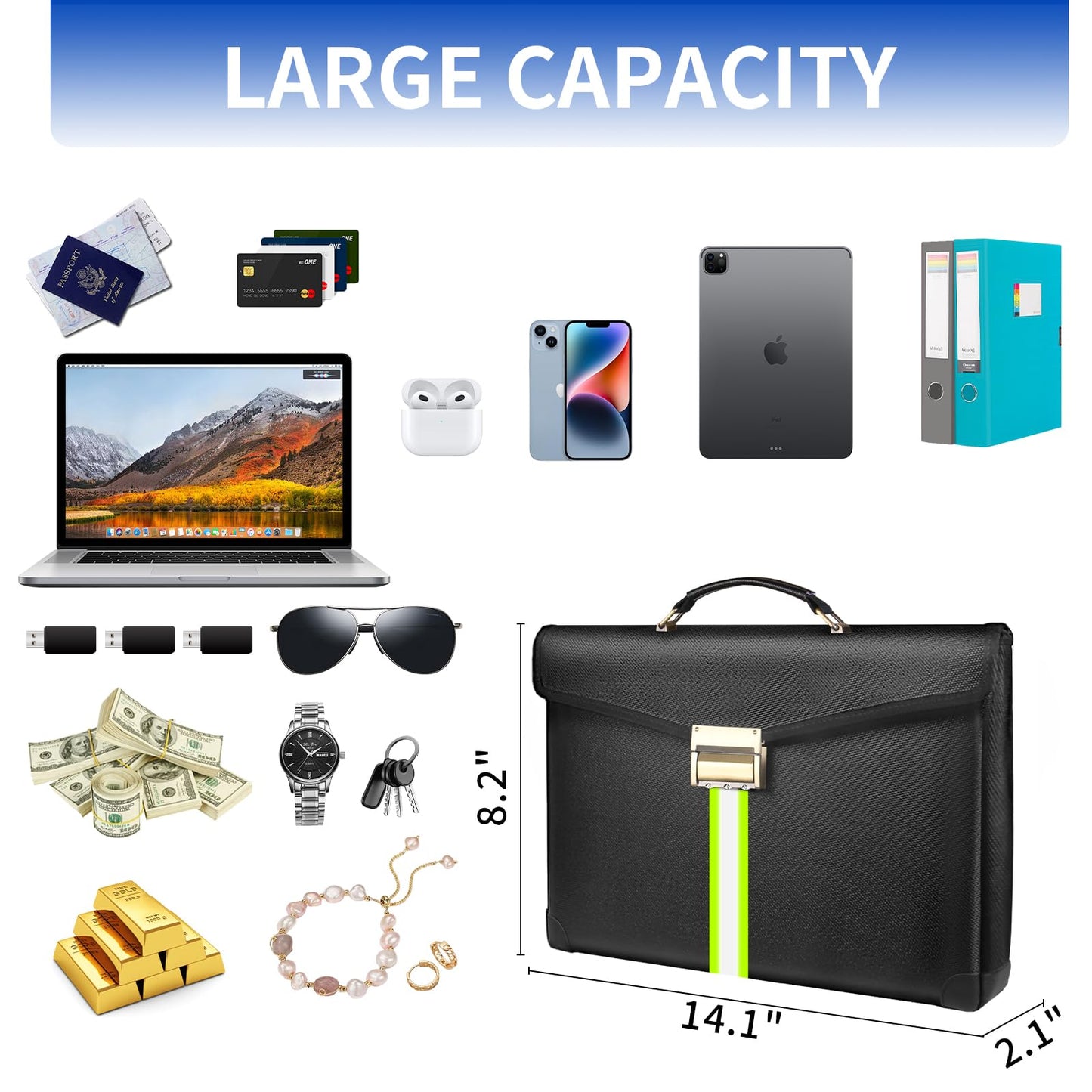 6500°F Fireproof Document Bag with Lock,Upgraded Fireproof/Waterproof Money Bag with Zipper/Reflective Strip,Storage Pouch for A4 Letter Size Document,Cash,Cell Phone,Passport