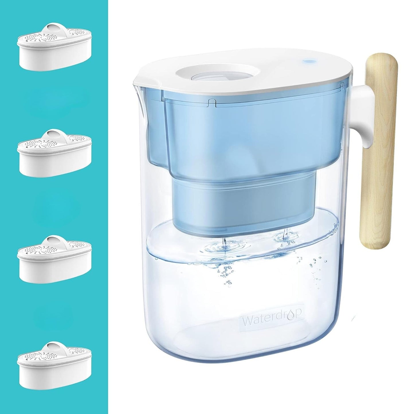 Waterdrop PT-04B 10-Cup Water Filter Pitcher with 4 Filters, NSF Certified, 800-Gallon Long-Life Filter, 5X Longer Filter Life, Reduces PFOA/PFOS and Chlorine, BPA-Free, Sturdy Wooden Handle, Blue