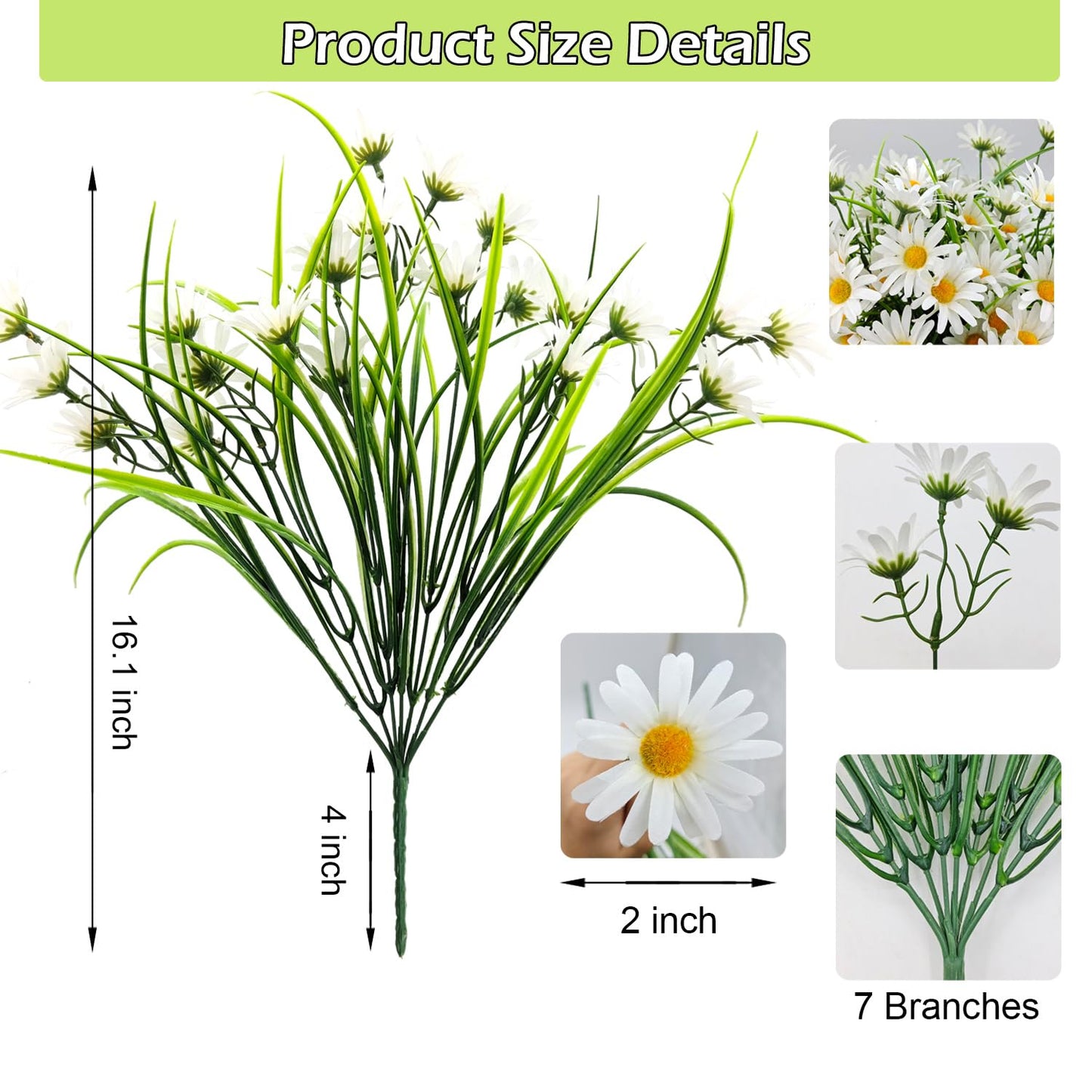 FOUSUKA 4 Bundles Artificial Silk Daisy Flowers Fake Daisies Plastics Plants Flower Faux Wildflowers Outdoor UV Resistant for Home Decor Indoor Outside Porch Patio Garden Planters Decoration (White)