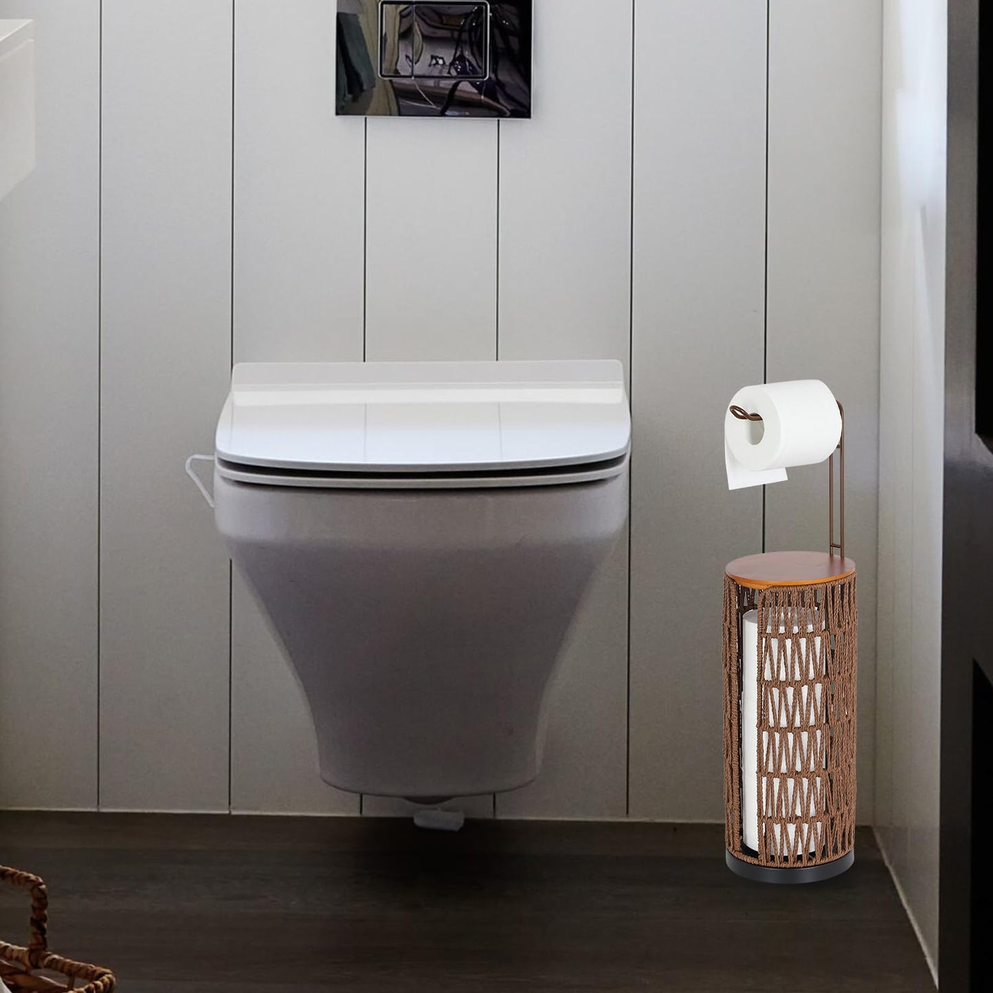 Trongee Freestanding Toilet Paper Holder with Storage,3 Rolls of Rattan Tissue Holder for Bathroom,Woven Toilet Paper Roll Holder Stand,Boho Bathroom Decor Farmhouse Toilet Paper Storage-Deep Brown