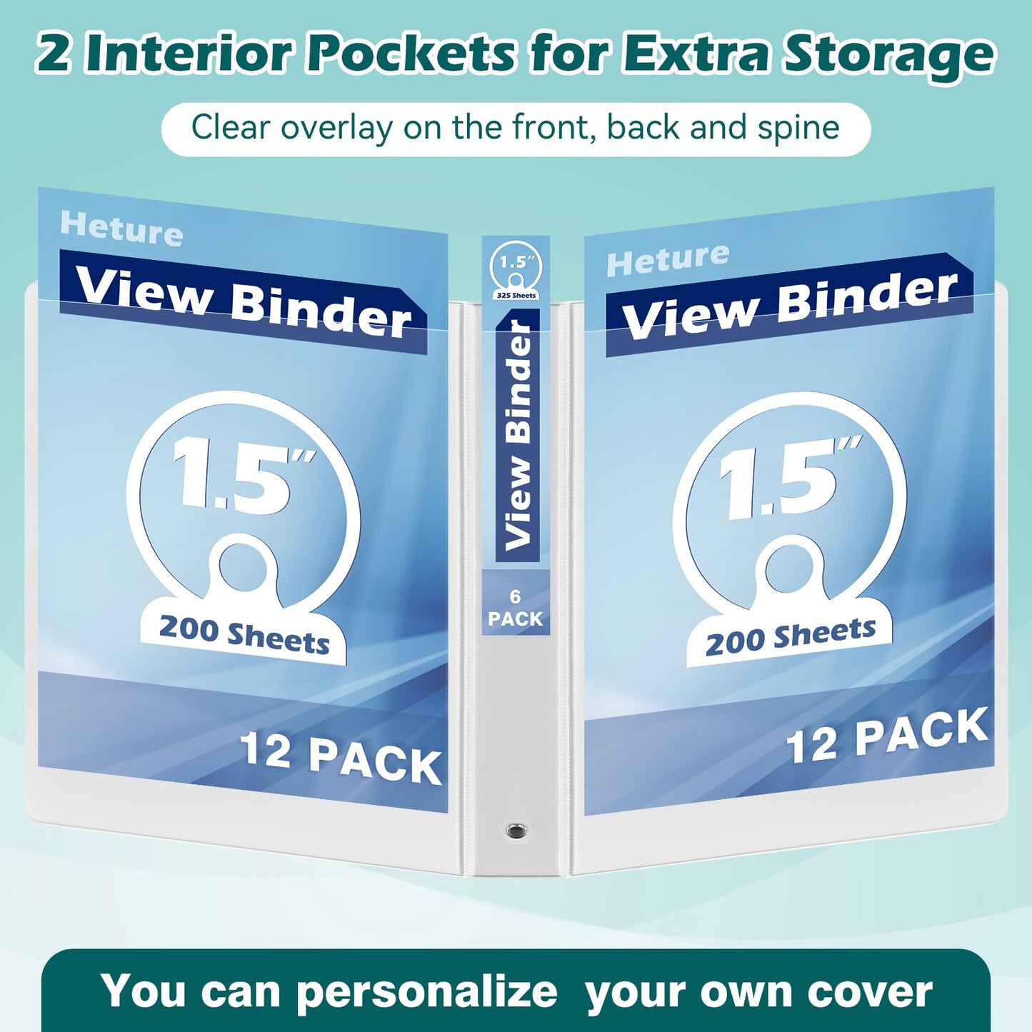 Heture 3 Ring Binder 1.5 Inch 6 Pack, 1-1/2" Clear View with Round Rings, PVC-Free,Holds for 325 Sheets 8.5X 11 US Letter Size Paper, Durable White Binders Perfect for Office,School and Home