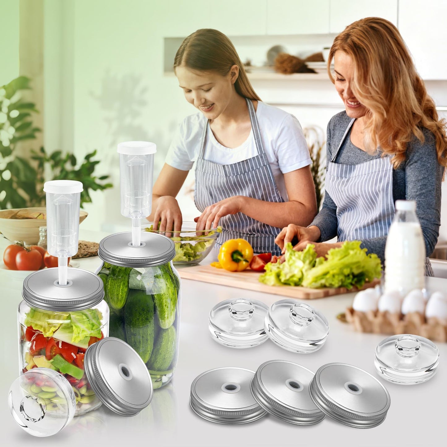 Fermentation Kit for Wide Mouth Mason Jars-4 Stainless Steel Fermentation Lids,4 Glass Fermentation Weights,1 Silicone Tong,1 sauerkraut pound, 1Wooden Handle Brush Cleaner（ Jars Not Included ）